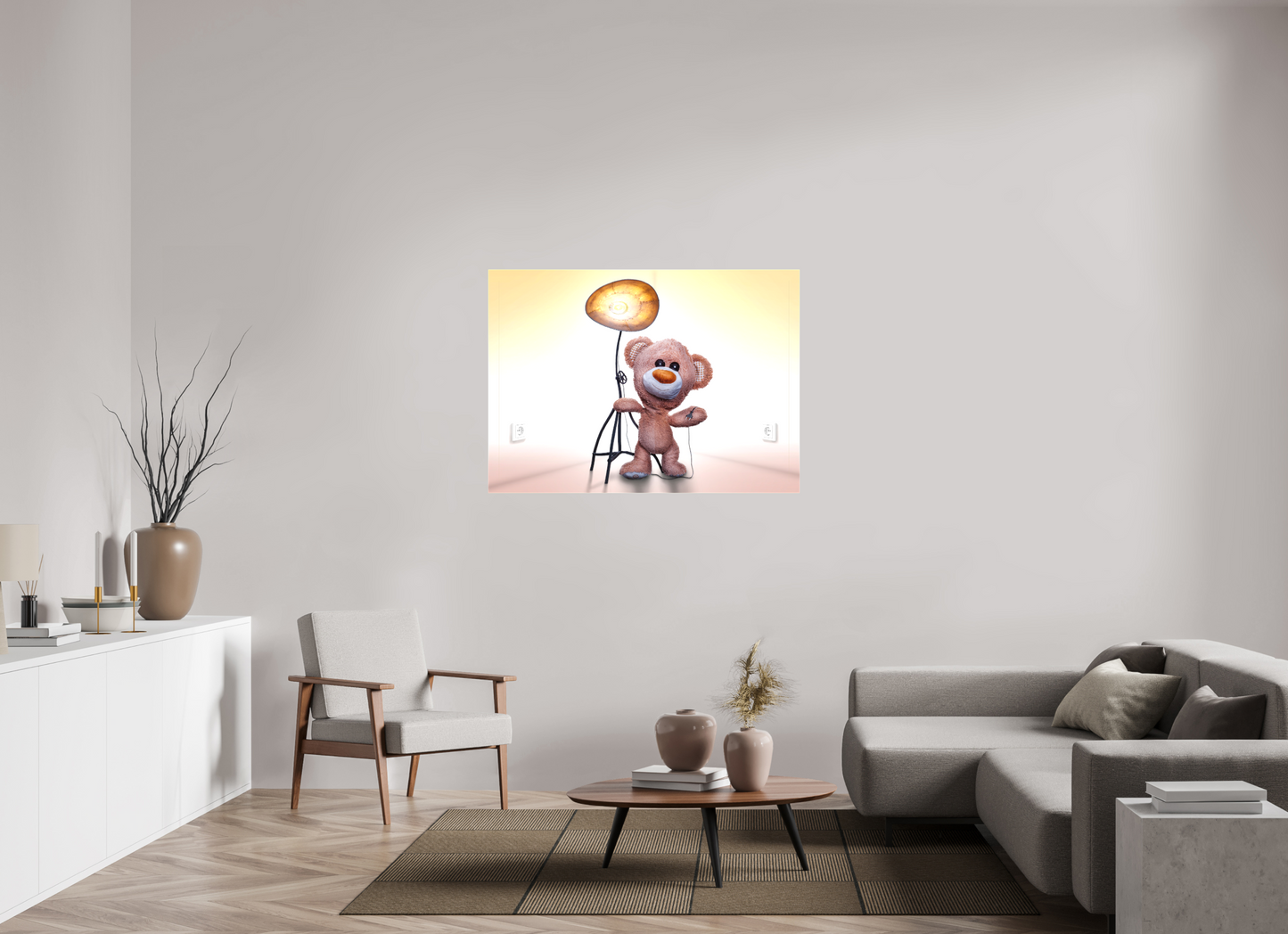 125,9 x 90 cm, Foto-Leinwand matt Wandbild süßer brauner Teddybär Kuscheltier und die Wunderlampe Deko Kinderzimmer