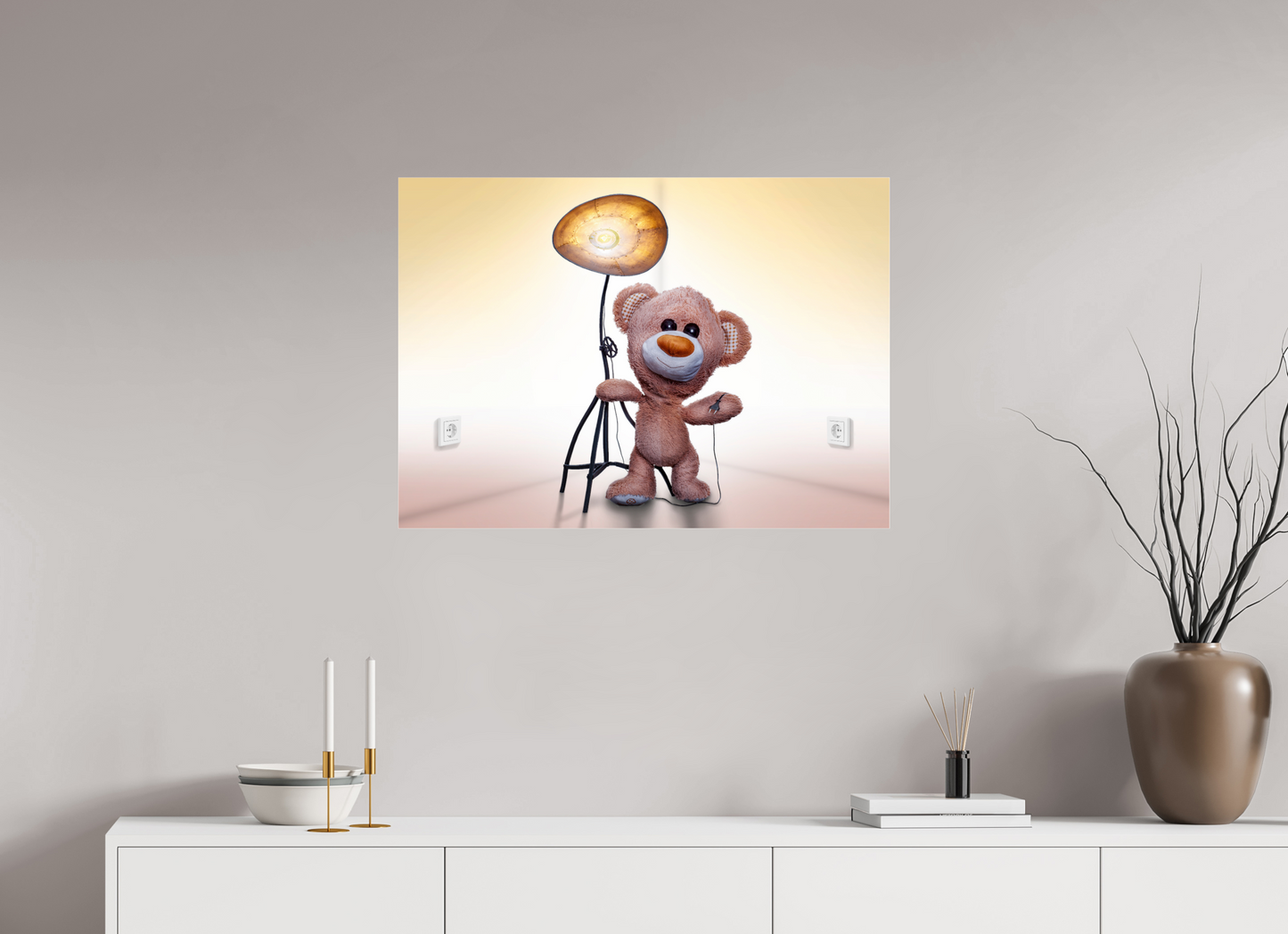 84 x 60 cm, Photo Print Under Acrylic Glass Teddybear "Brumm" and his Magic Lamp