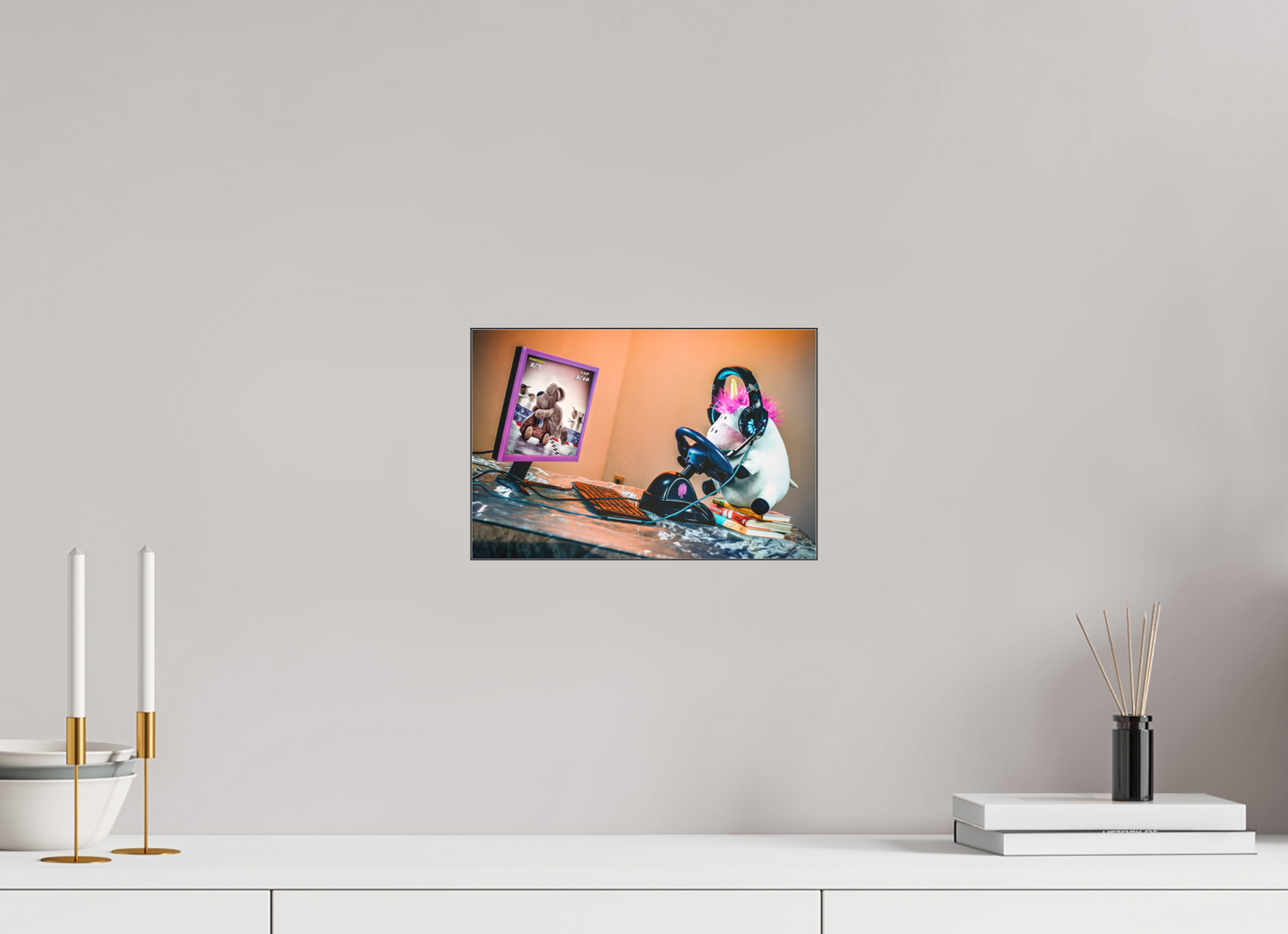 30 x 20 cm, Slimline-Einfassung schwarz Rahmen Wandbild Kuscheltiere Deko Kinderzimmer Einhorn Zocker_6