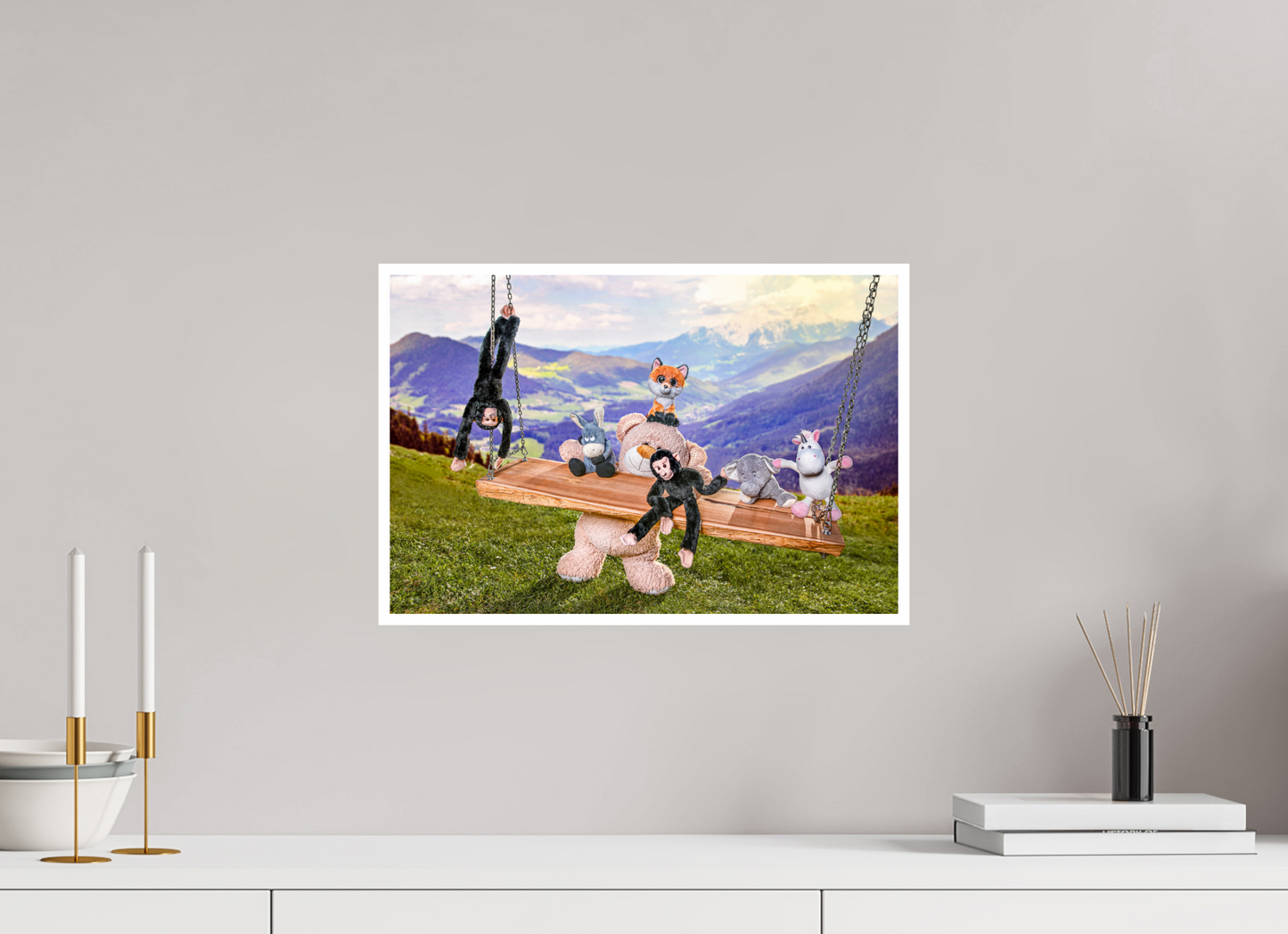 45 x 30 cm, Fotoprint Fuji + Schutz + Rand Wandbild Kuscheltiere Deko Kinderzimmer Auf der Schaukel_6