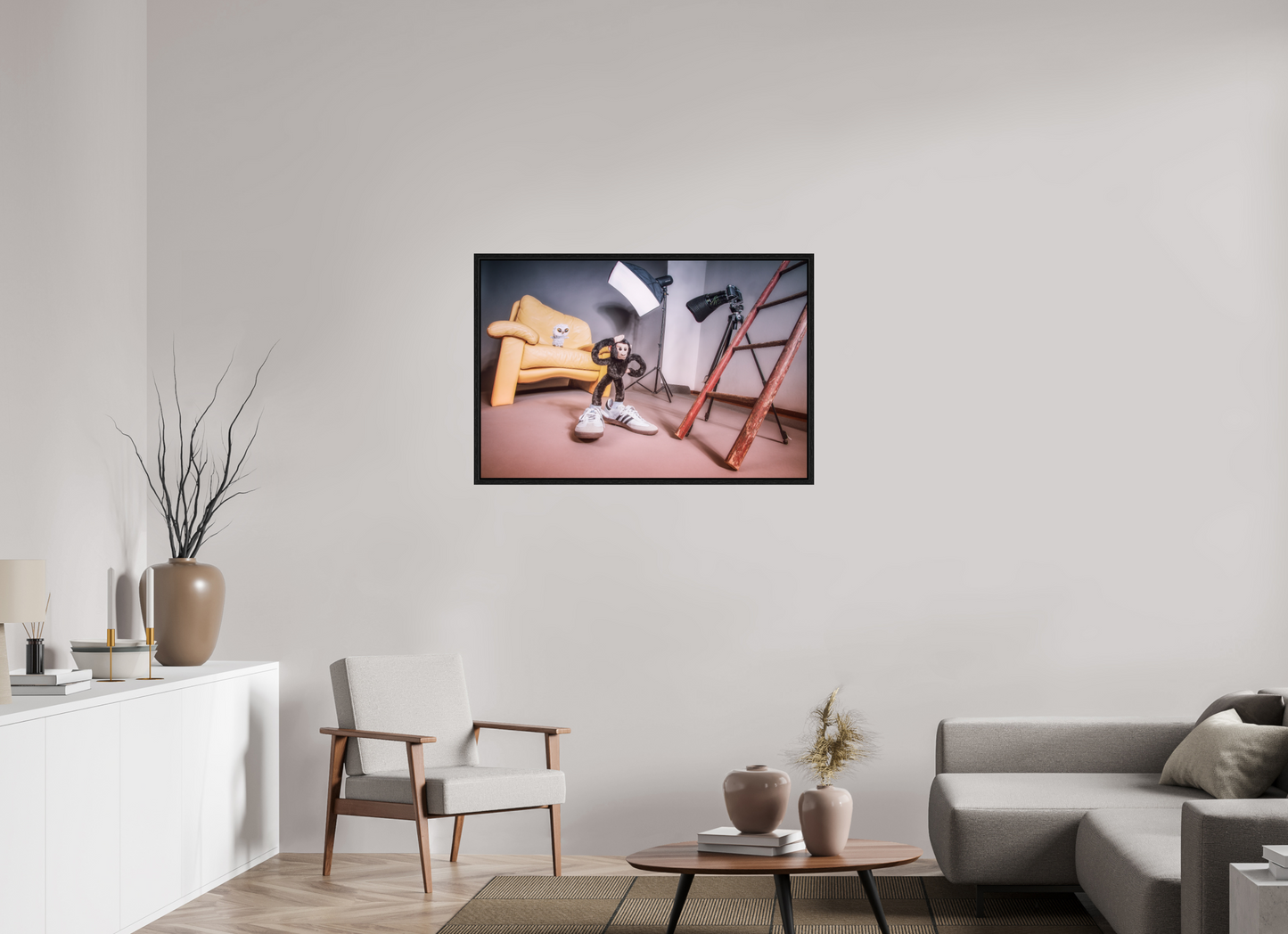 105 x 70 cm, Floater Frame Der Fotograf und die Eule -