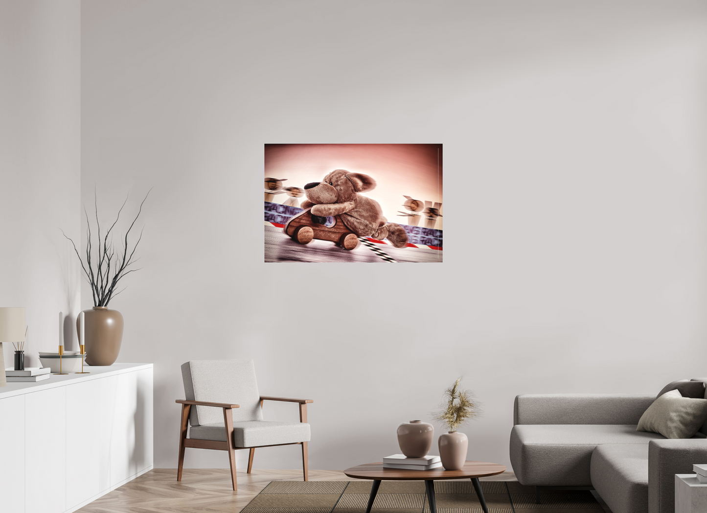 105 x 70 cm, Slimline-Einfassung silber Rahmen Wandbild Kuscheltiere Deko Kinderzimmer Wuff Rennfahrer_6