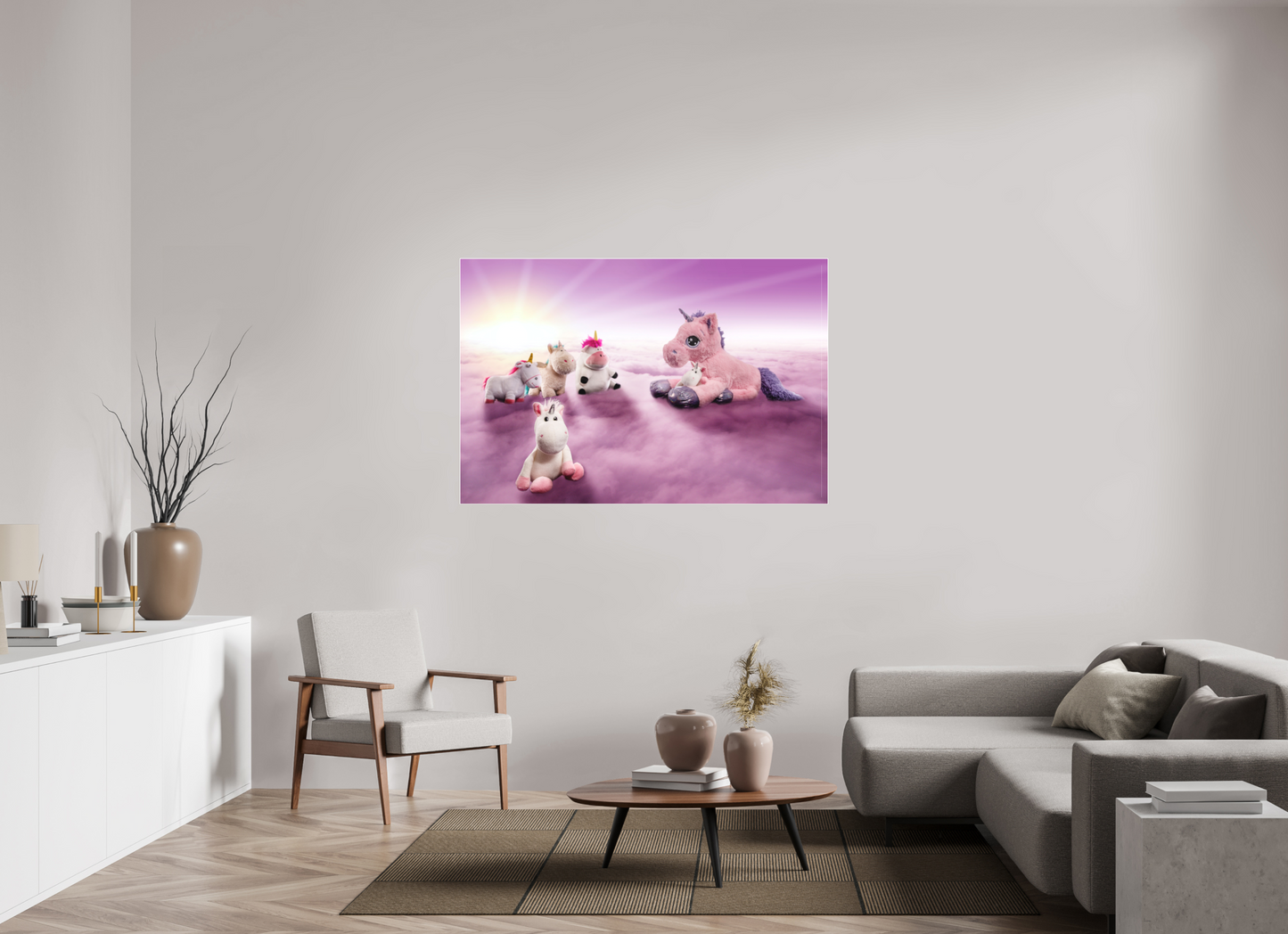 150 x 100 cm, Slimline-Einfassung weiss Rahmen Wandbild Kuscheltiere Deko Kinderzimmer Einhorntreffen_6
