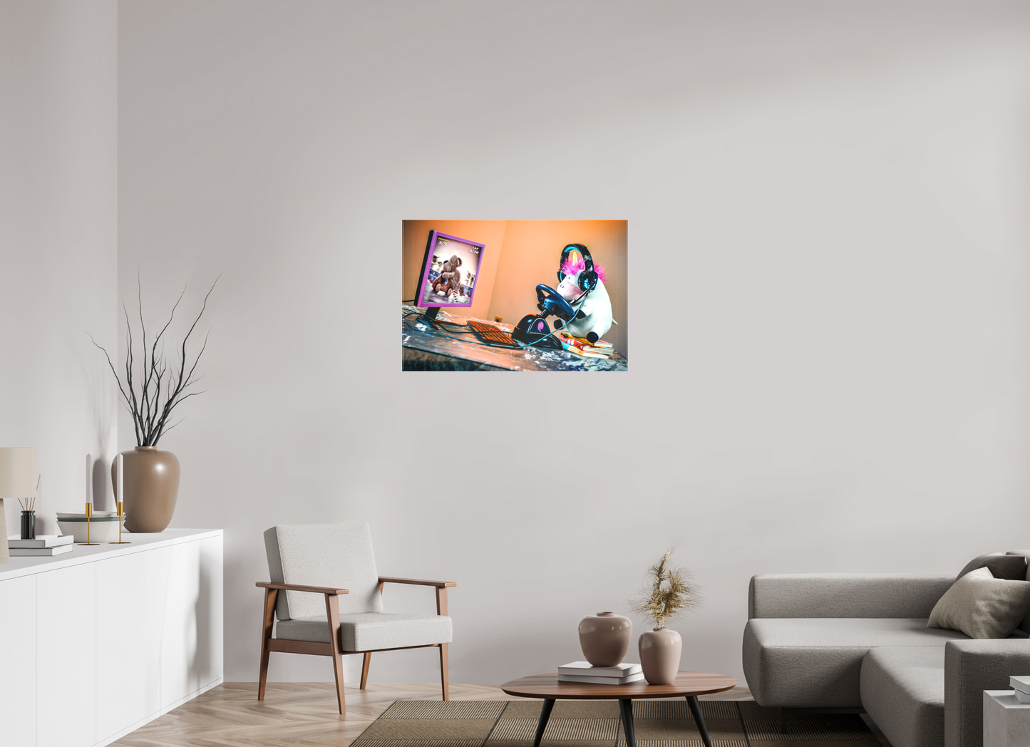 90 x 60 cm, Foto-Leinwand matt Wandbild süsses Einhorn Kuscheltier auf dem Bücherstapel Deko Kinderzimmer