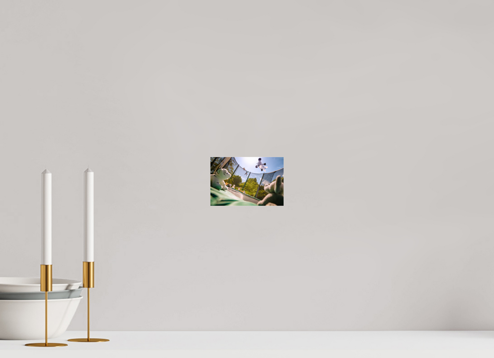 15 x 10 cm, Photo Print Under Acrylic Glass Wandbild Esel Kuscheltiere auf dem Trampolin Deko Kinderzimmer