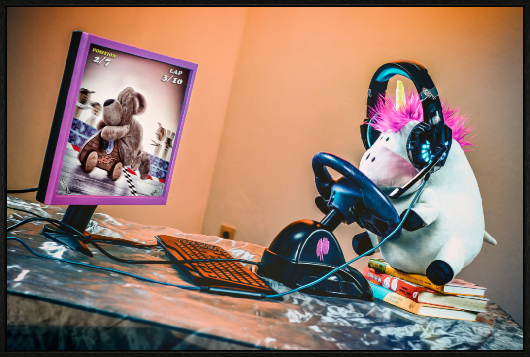 Main image Wandbild süsses Einhorn Kuscheltier auf dem Bücherstapel Deko Kinderzimmer