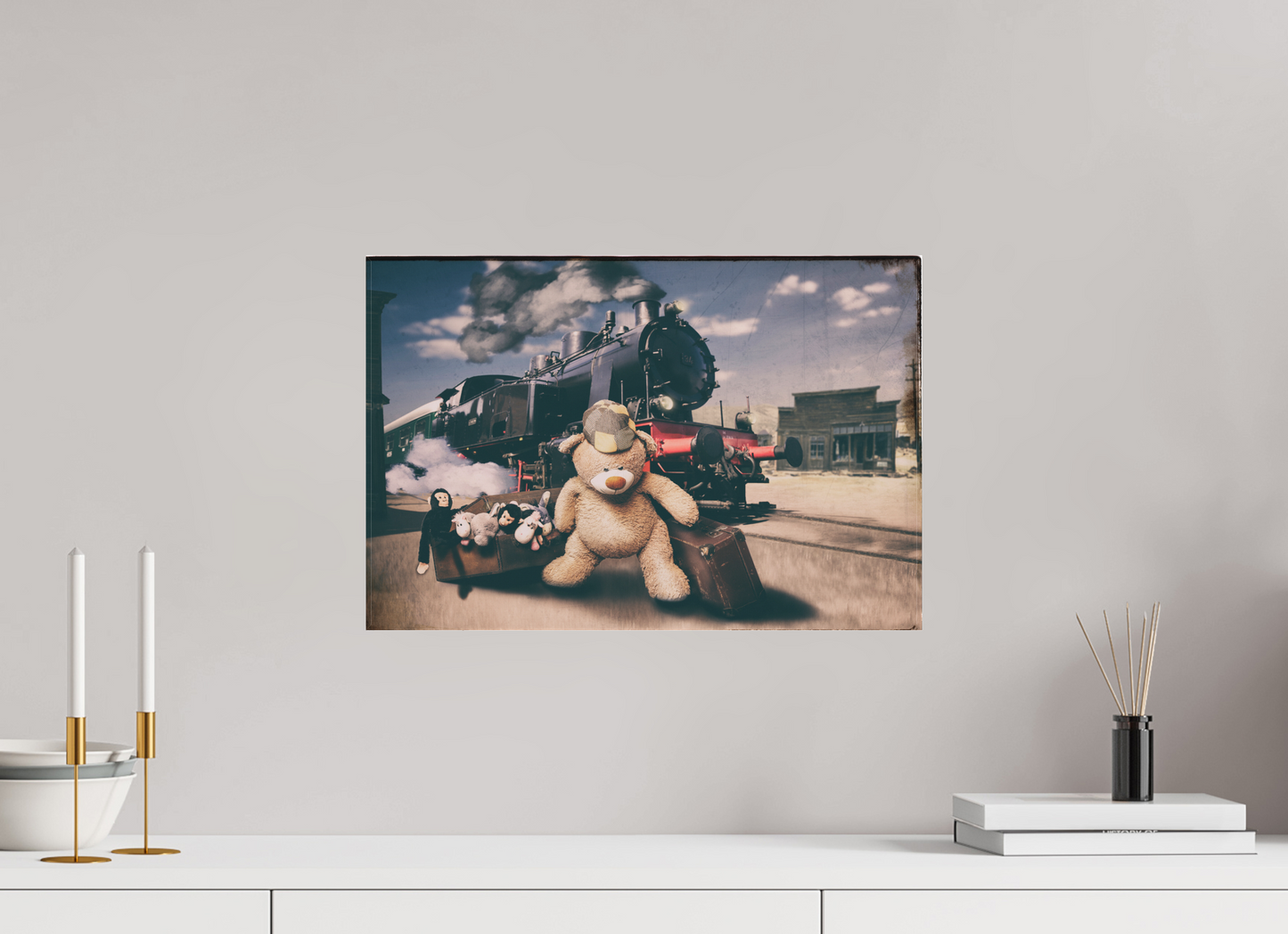 45 x 30 cm, Leinwand Textil 60mm Leinwand Wandbild Kuscheltiere Deko Kinderzimmer Teddybär auf Zeitreise