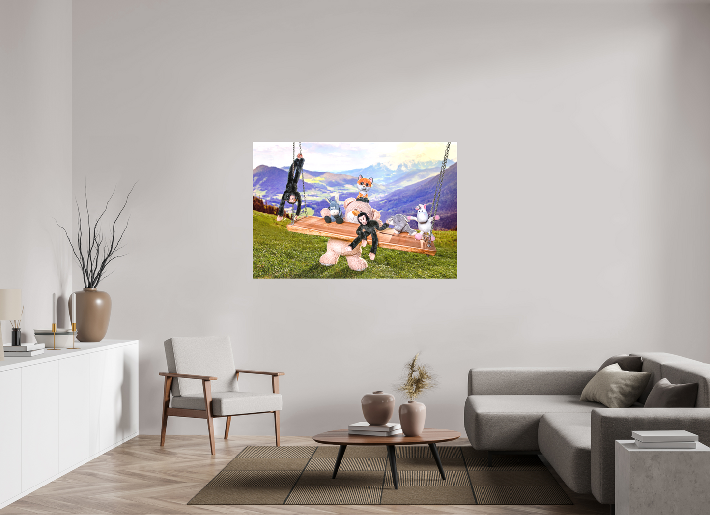 150 x 100 cm, Foto-Leinwand 20mm matt Leinwand Wandbild Kuscheltiere Deko Kinderzimmer Auf der Schaukel_6