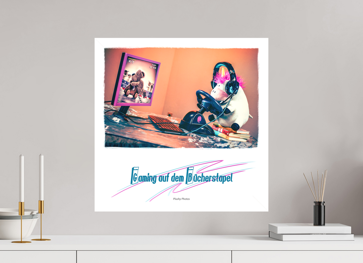 50 x 50 cm, Leinwand 60mm Leinwand Wandbild süsses Einhorn Kuscheltier auf dem Bücherstapel Deko Kinderzimmer