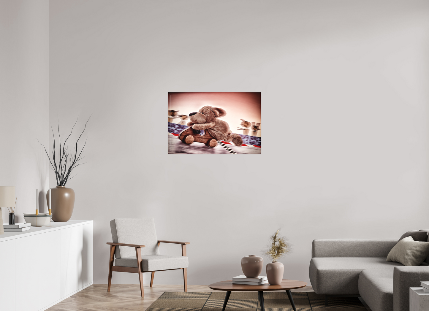 90 x 60 cm, Slimline-Einfassung weiss Rahmen Wandbild Kuscheltiere Deko Kinderzimmer Wuff Rennfahrer_6
