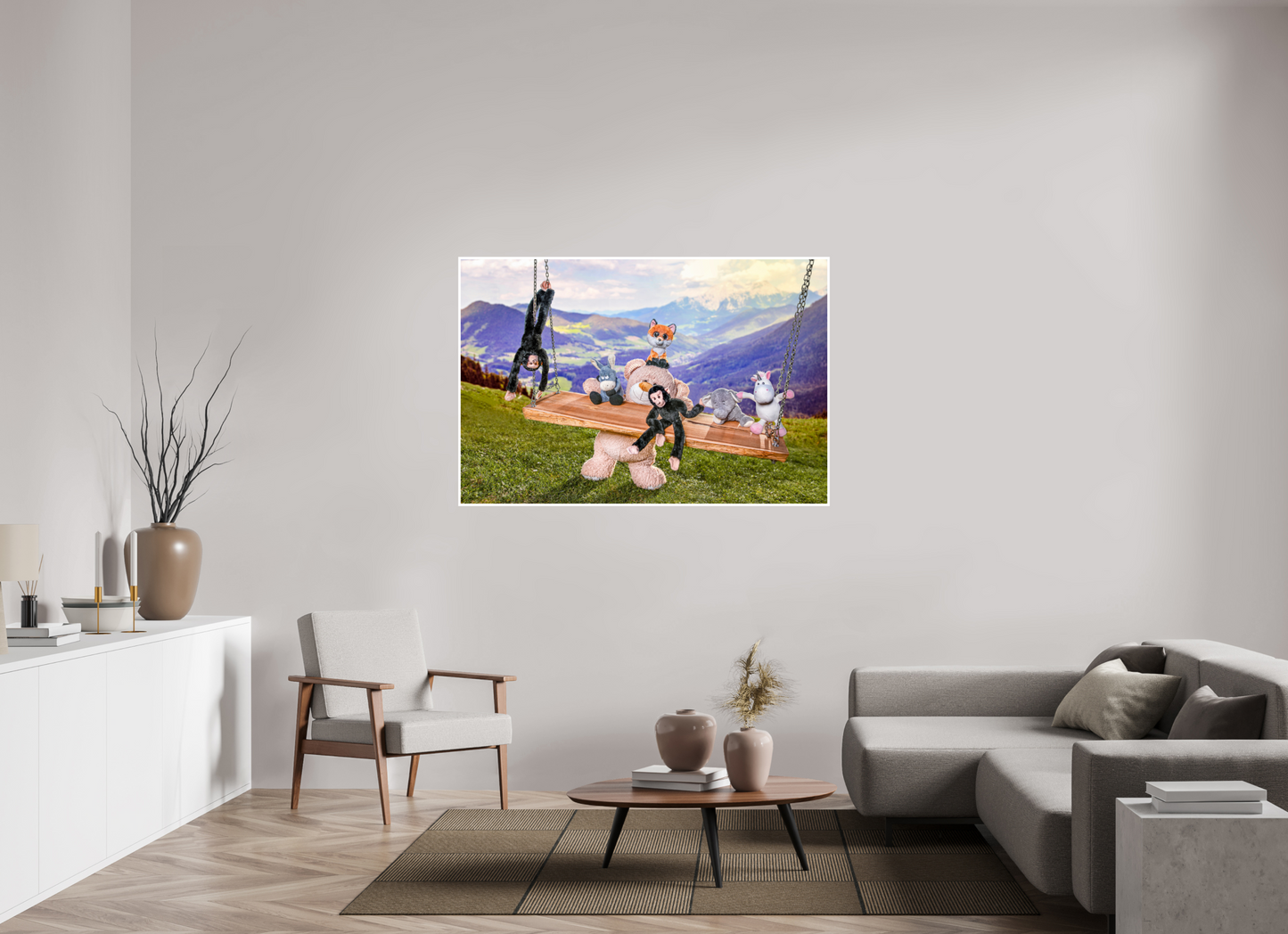 150 x 100 cm, Fotoprint Fuji + Schutz + Rand Wandbild Kuscheltiere Deko Kinderzimmer Auf der Schaukel_6