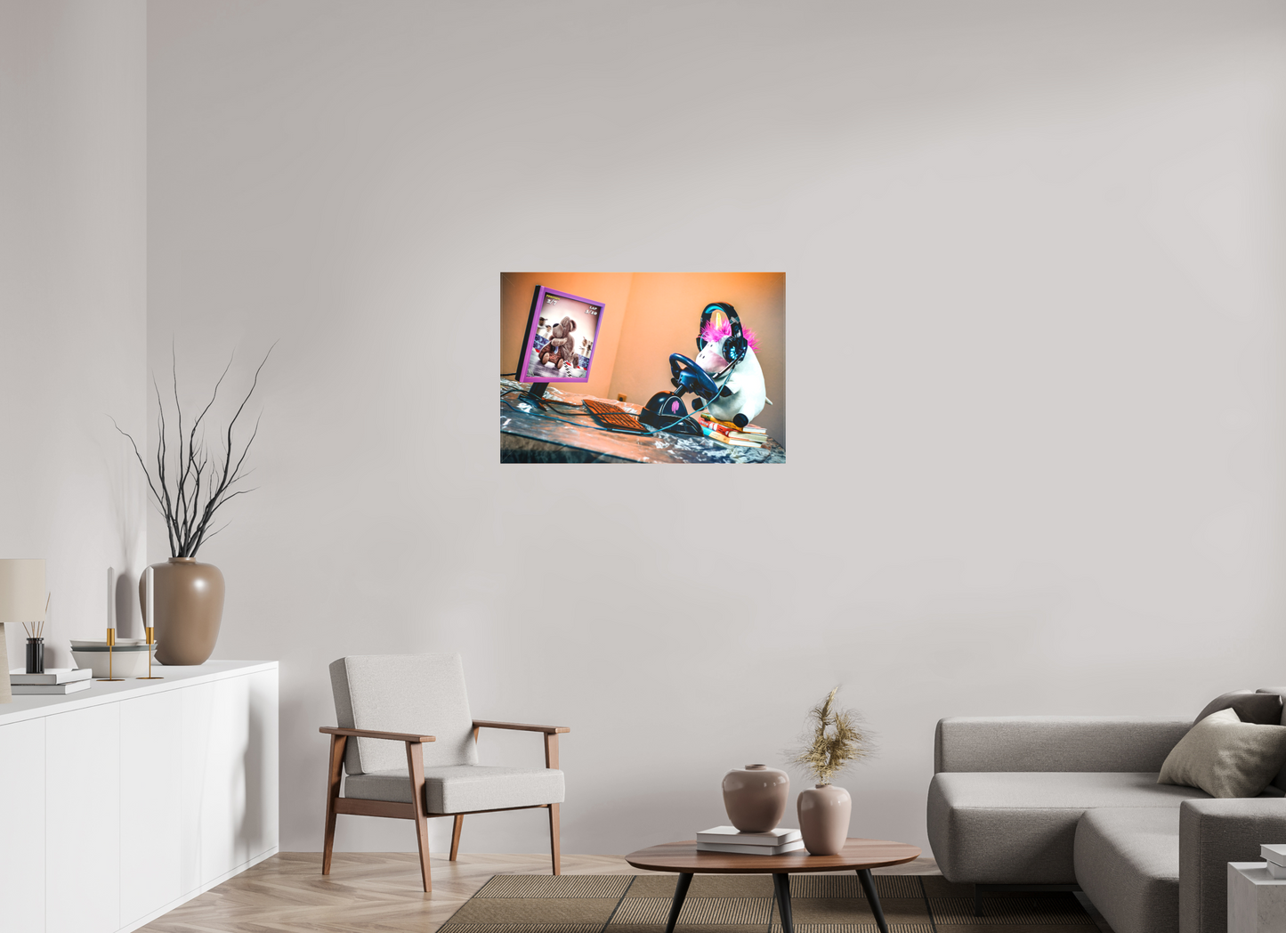 90 x 60 cm, Leinwand 60mm Leinwand Wandbild süsses Einhorn Kuscheltier auf dem Bücherstapel Deko Kinderzimmer