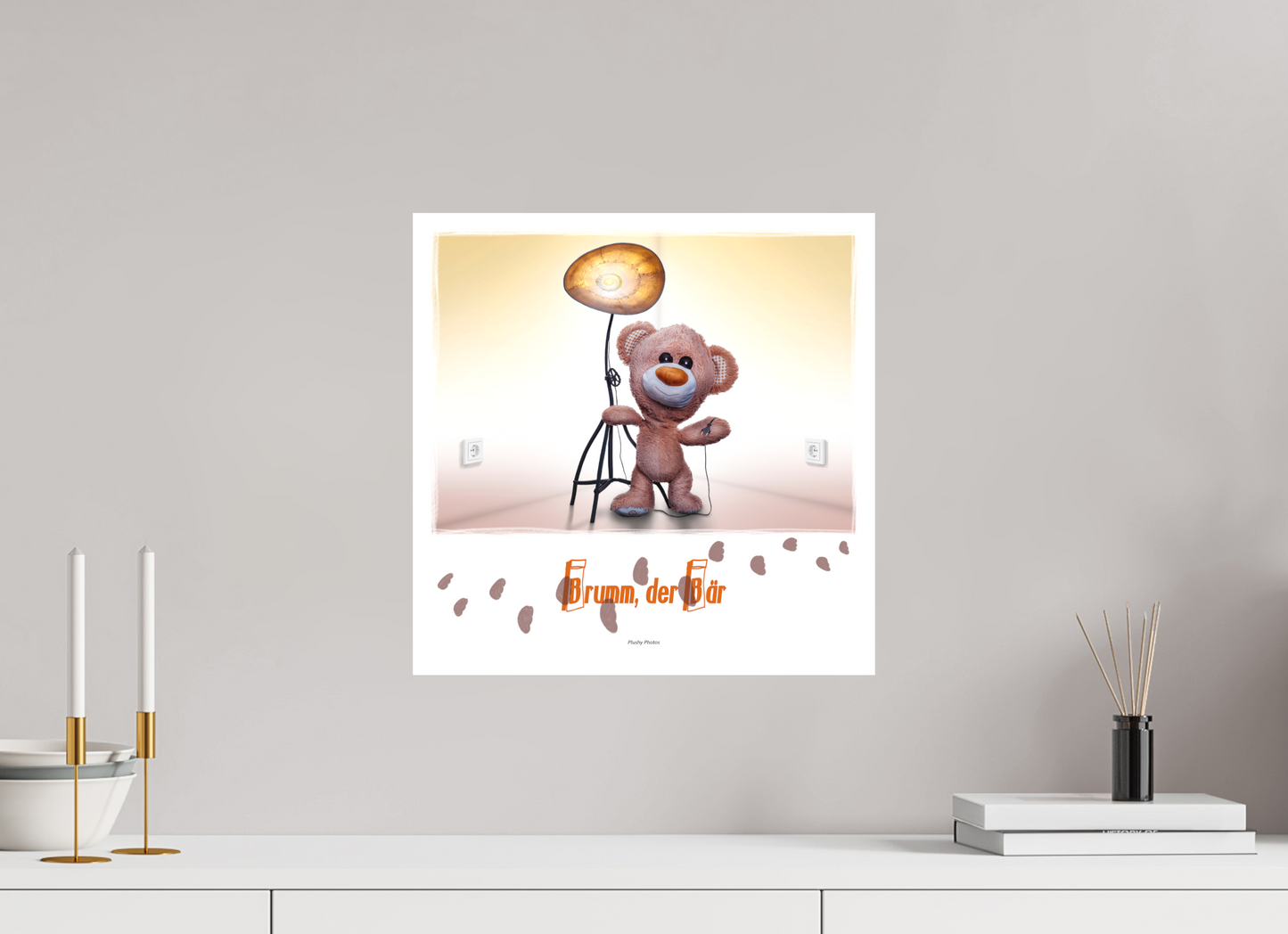 40 x 40 cm, Slimline-Einfassung weiss Rahmen Wandbild Kuscheltiere Deko Kinderzimmer Teddybaer Brumm_q