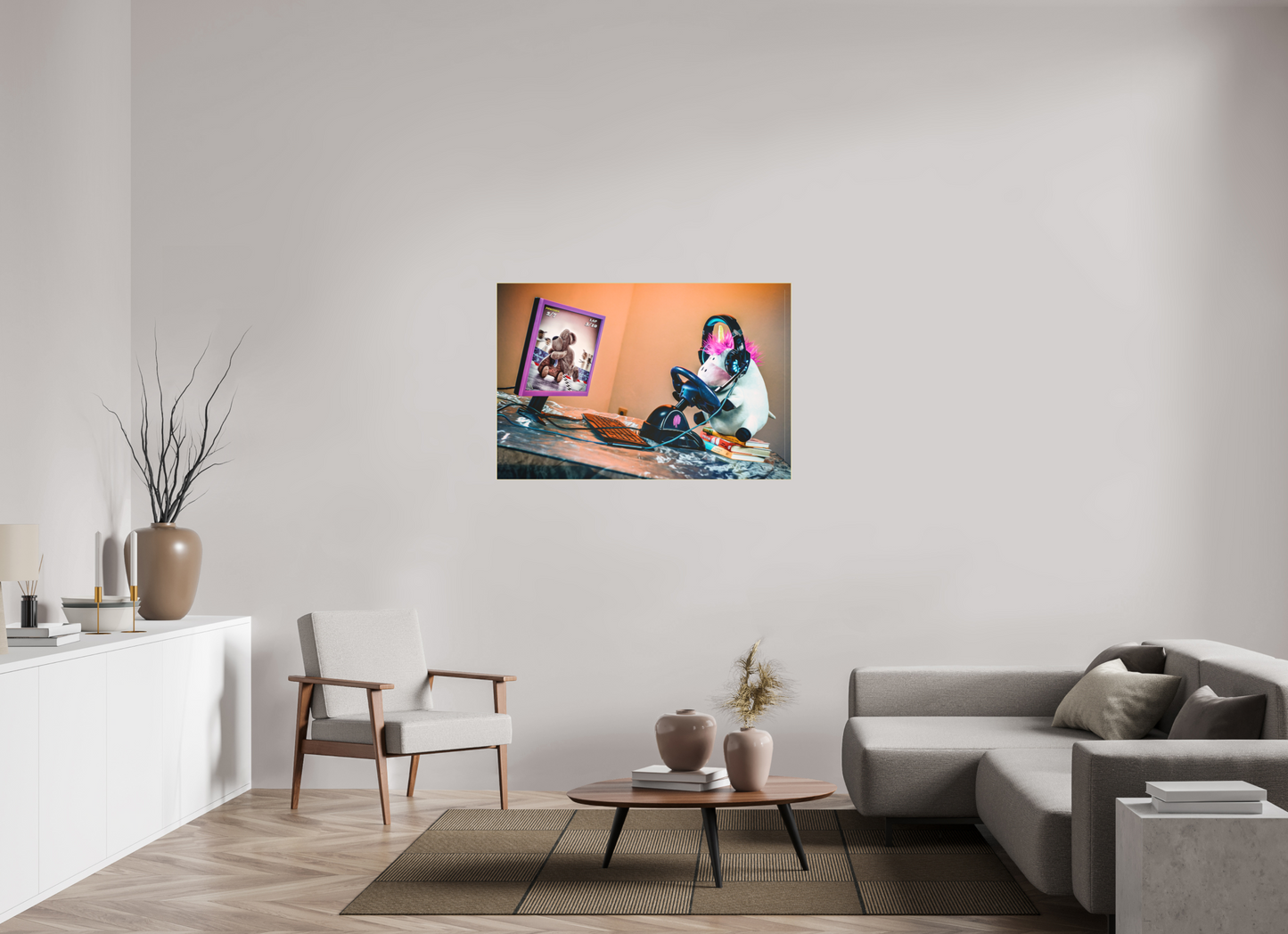 120 x 80 cm, Slimline-Einfassung gold Rahmen Wandbild Kuscheltiere Deko Kinderzimmer Einhorn Zocker_6