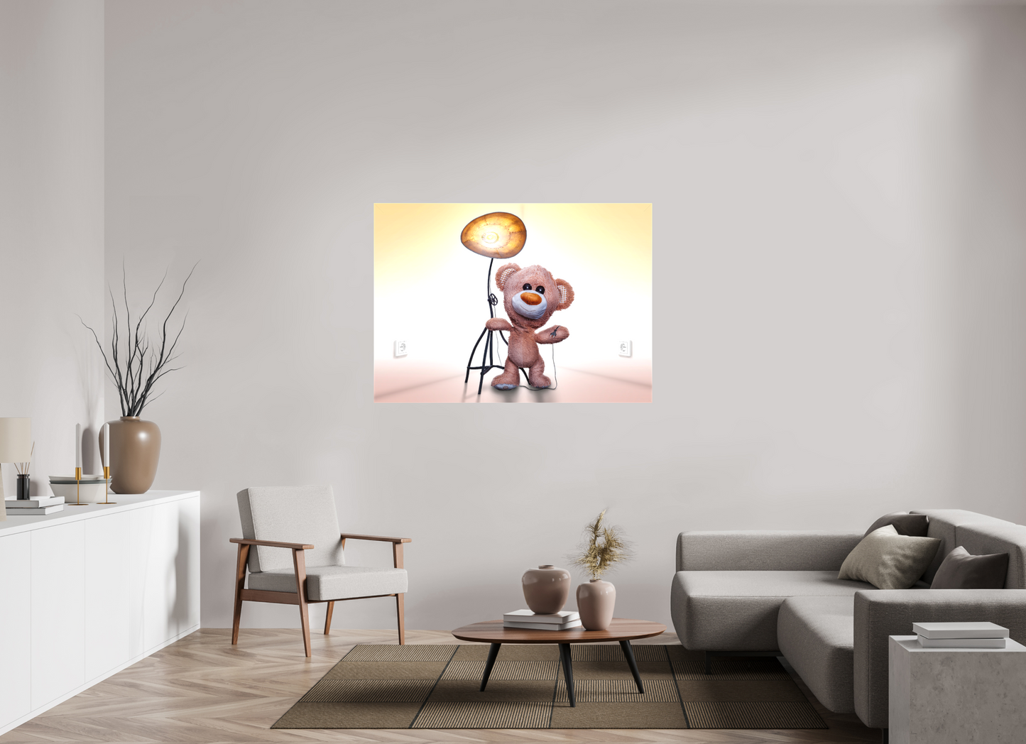139,9 x 100 cm, Leinwand 60mm Leinwand Wandbild süßer brauner Teddybär Kuscheltier und die Wunderlampe Deko Kinderzimmer