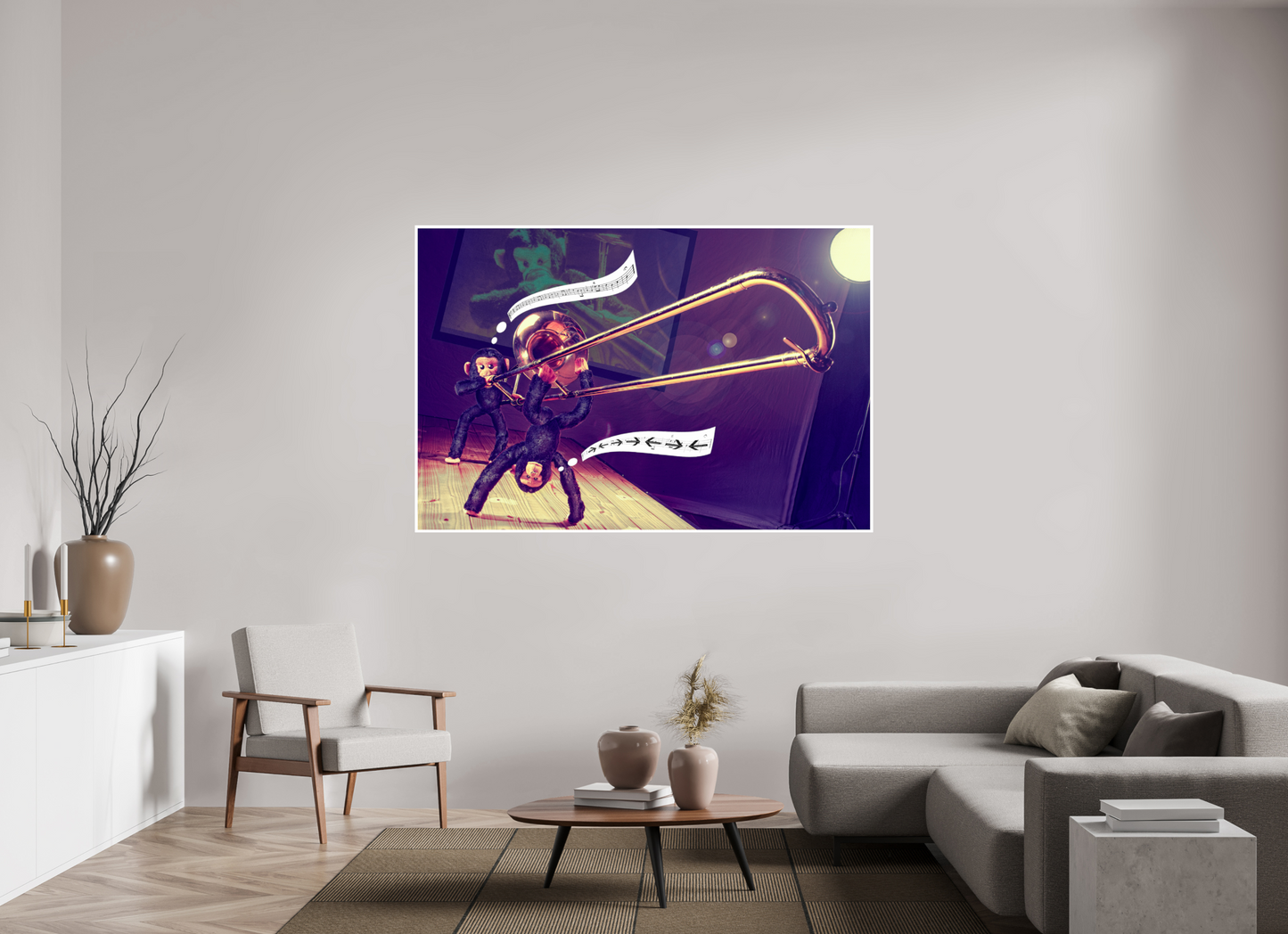 180 x 120 cm, Acrylglas 6mm Rand Acrylglas Wandbild Affen Kuscheltiere spielen Posaune Deko Kinderzimmer