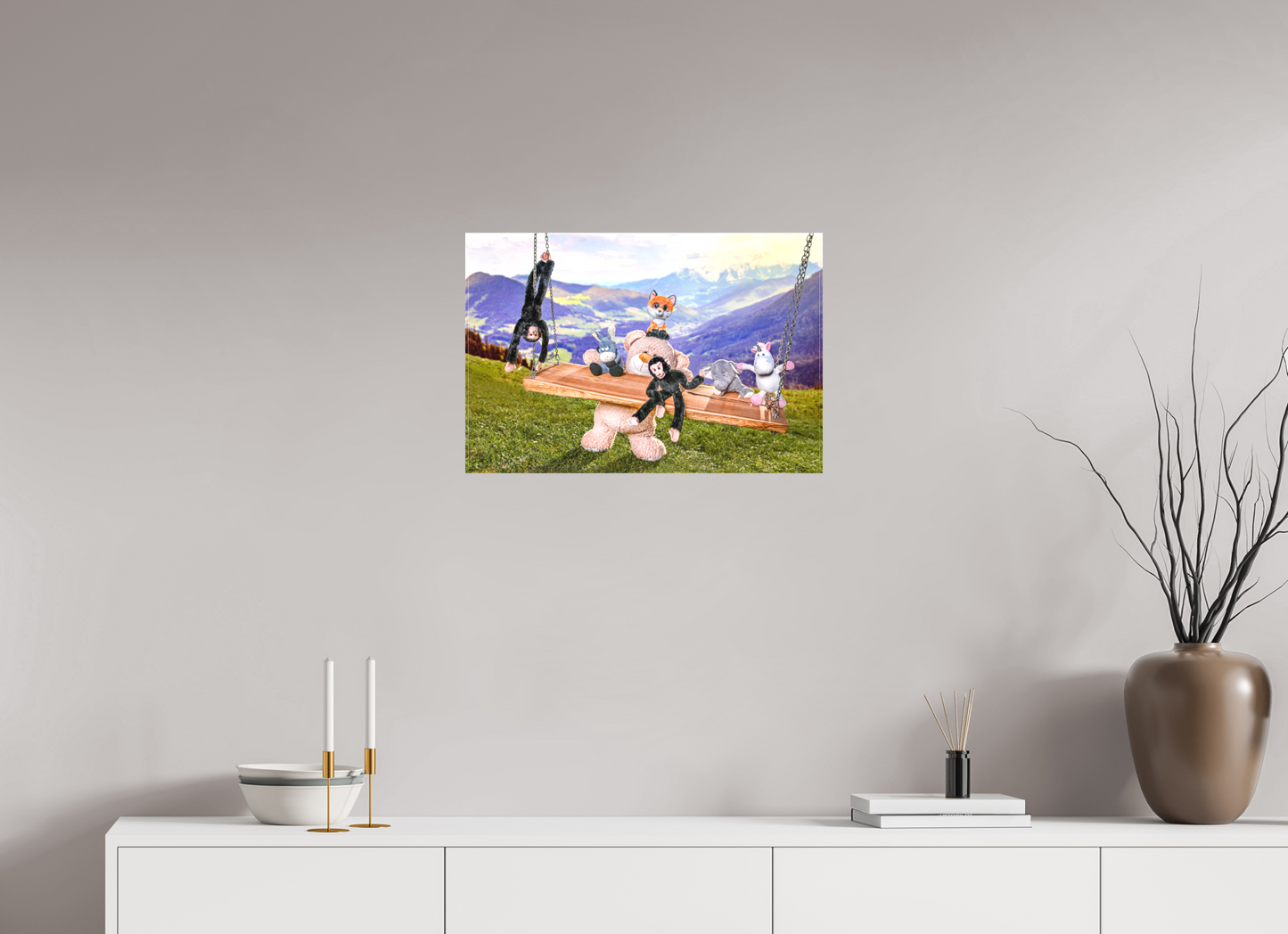 60 x 40 cm, Foto-Leinwand 20mm matt Leinwand Wandbild Kuscheltiere Deko Kinderzimmer Auf der Schaukel_6