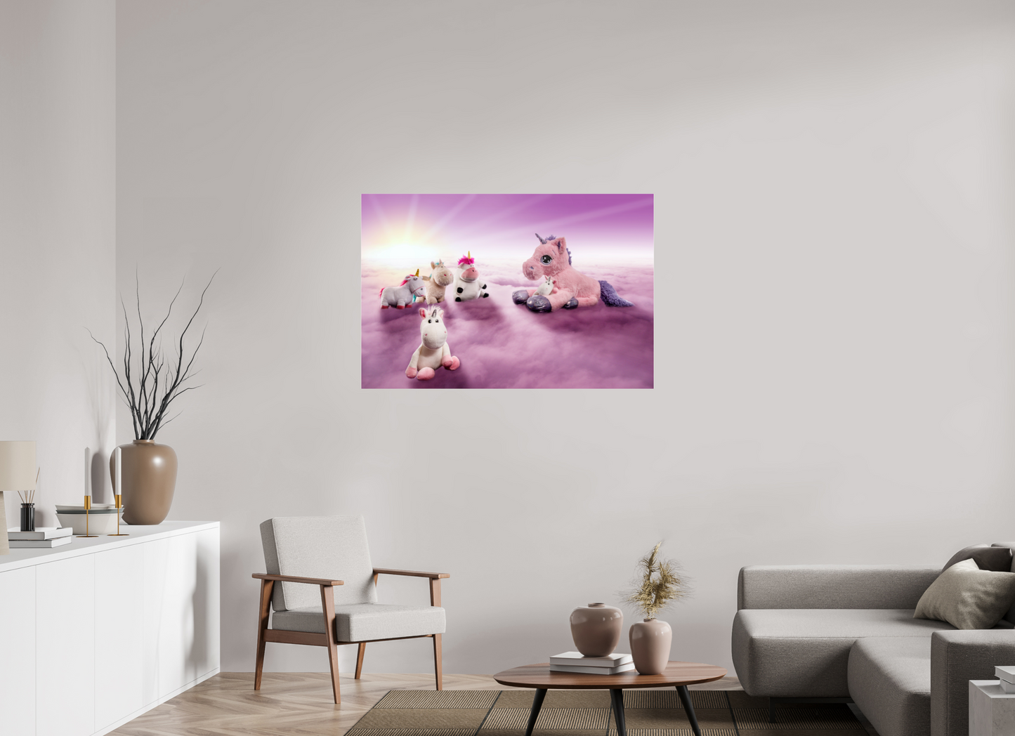 120 x 80 cm, Photo Print Under Acrylic Glass Das Treffen der Einhörner auf den Wolken