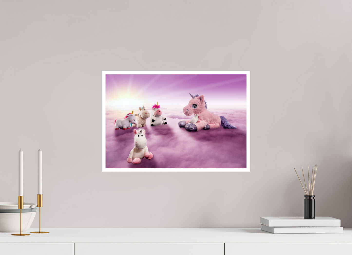45 x 30 cm, Acrylglas 6mm Rand Acrylglas Wandbild weiße Einhörner Kuscheltiere auf den Wolken Deko Kinderzimmer