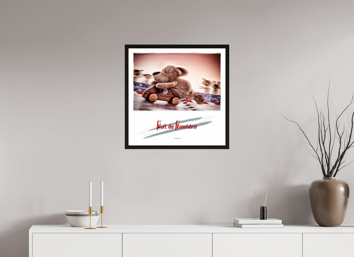 60 x 60 cm, Floater Frame Wuff der Rennfahrer