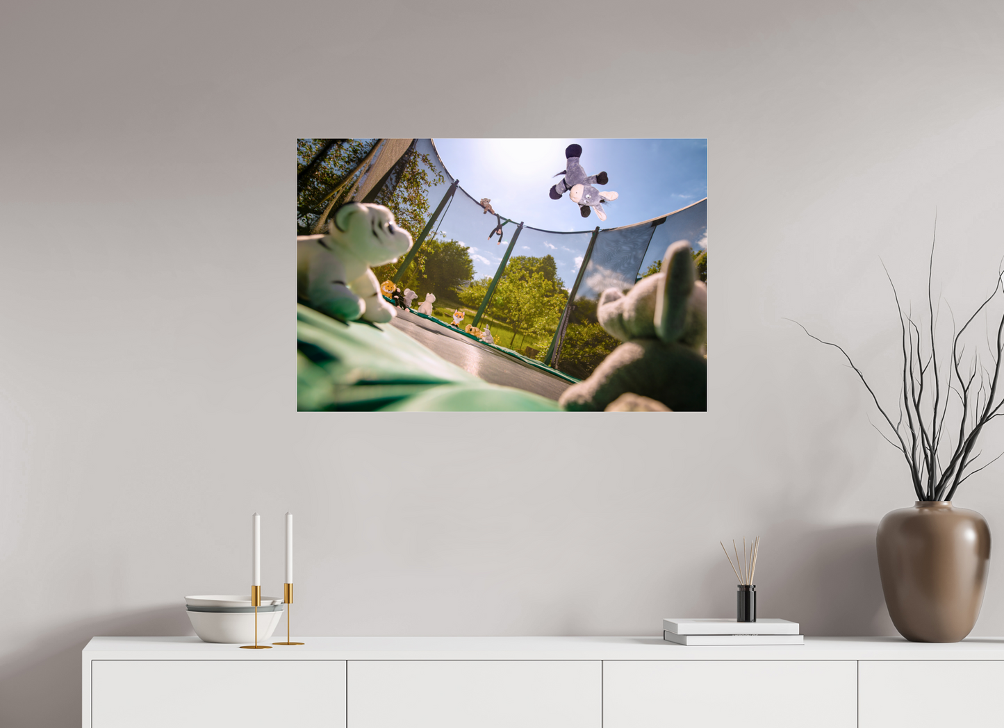 90 x 60 cm, Photo Print Under Acrylic Glass Wandbild Esel Kuscheltiere auf dem Trampolin Deko Kinderzimmer