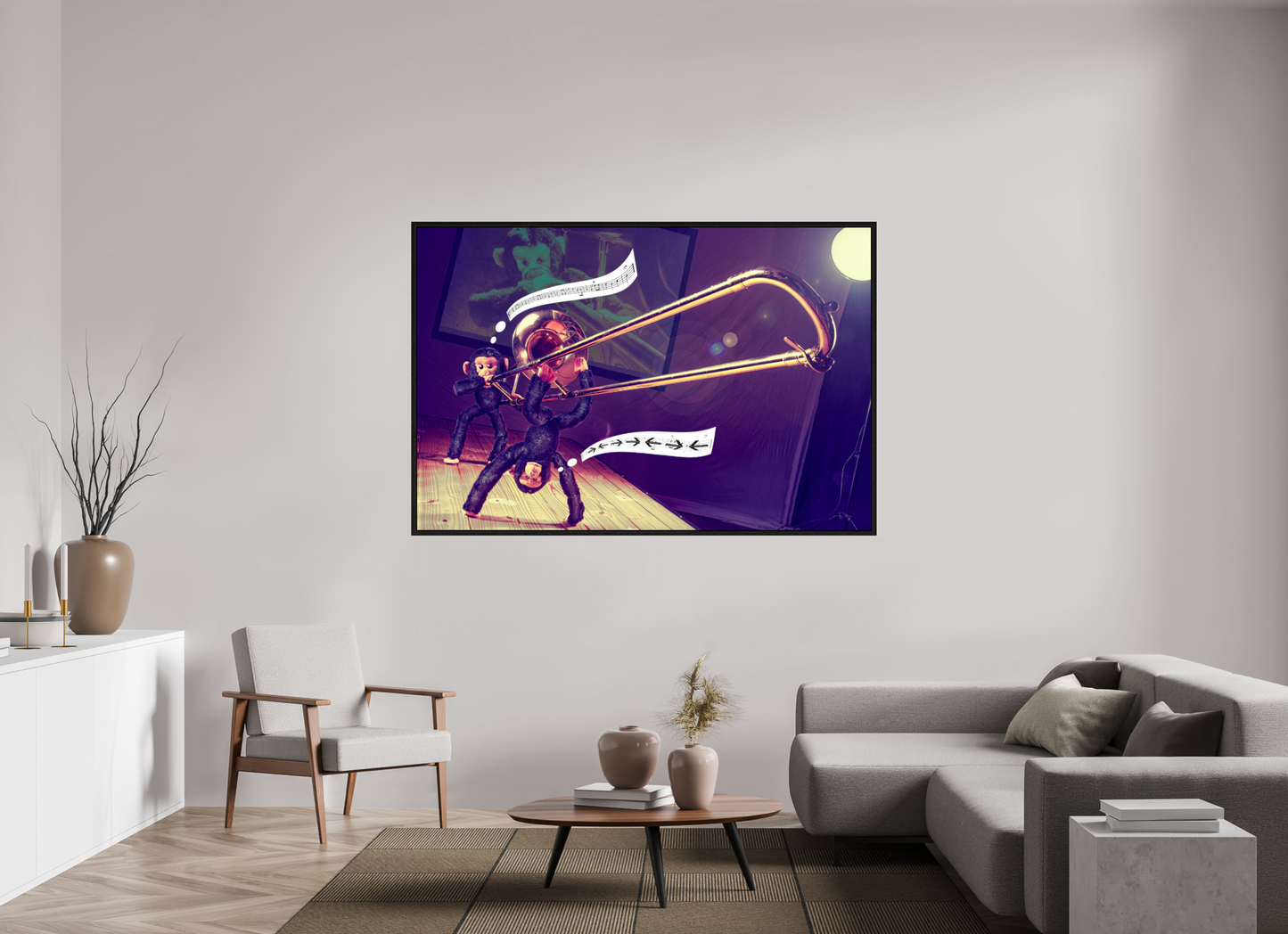 180 x 120 cm, Floater Frame Zwei Affen und eine Posaune -