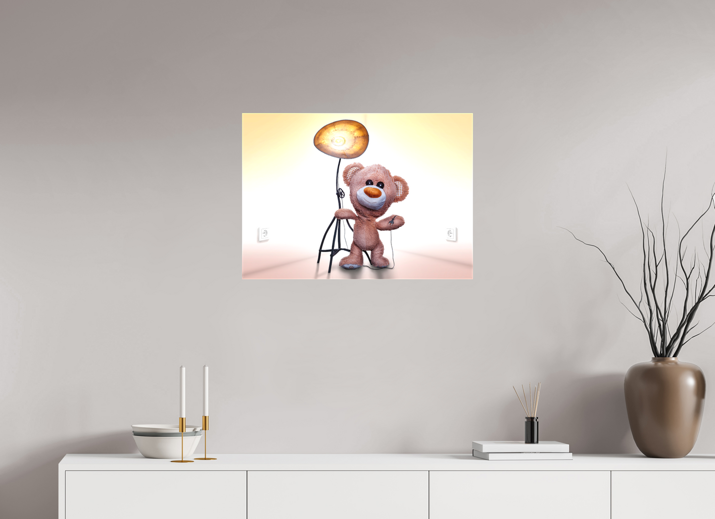 70 x 50 cm, Foto-Leinwand matt Wandbild süßer brauner Teddybär Kuscheltier und die Wunderlampe Deko Kinderzimmer
