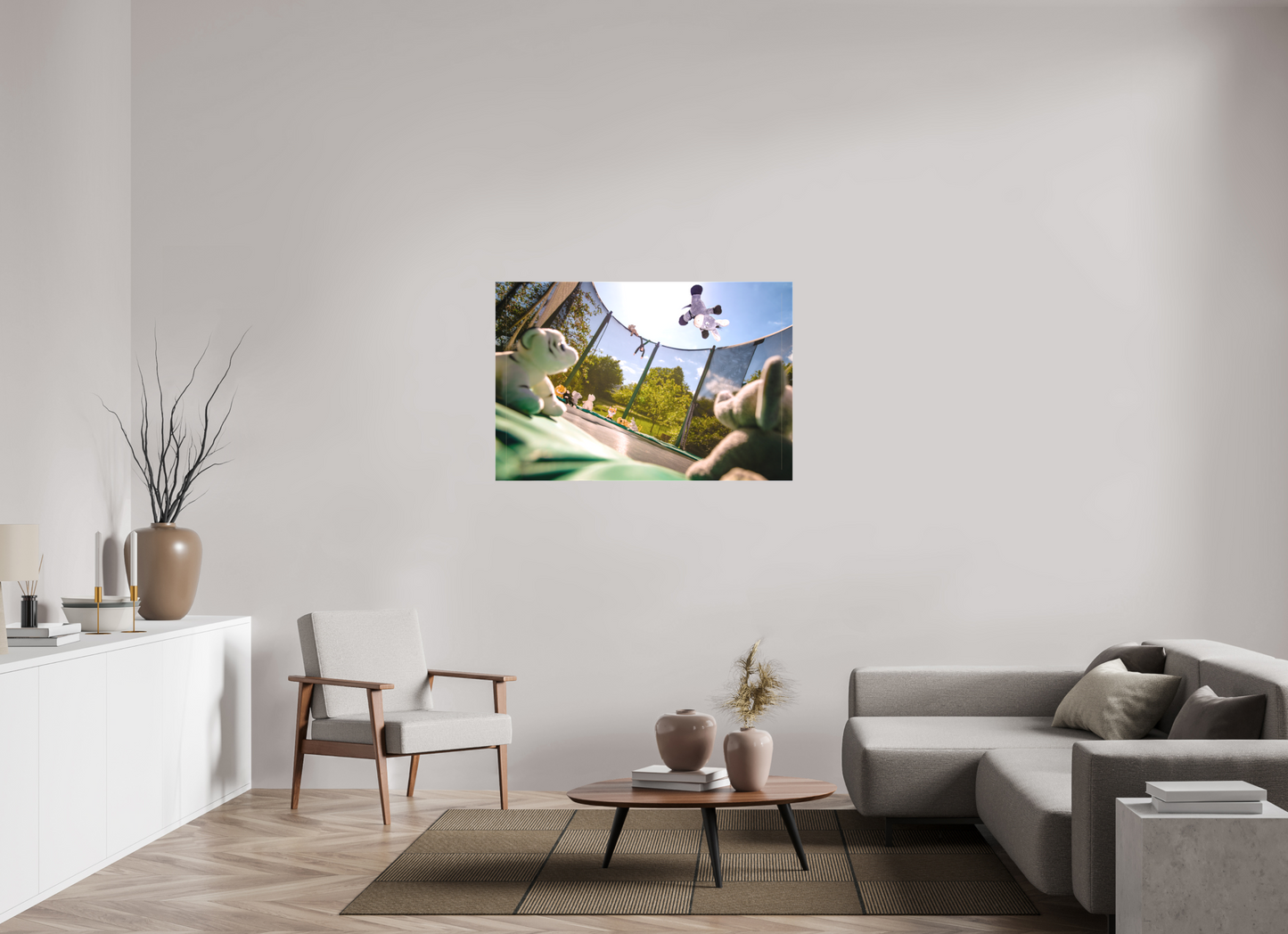 120 x 80 cm, Foto-Leinwand matt Wandbild Esel Kuscheltiere auf dem Trampolin Deko Kinderzimmer