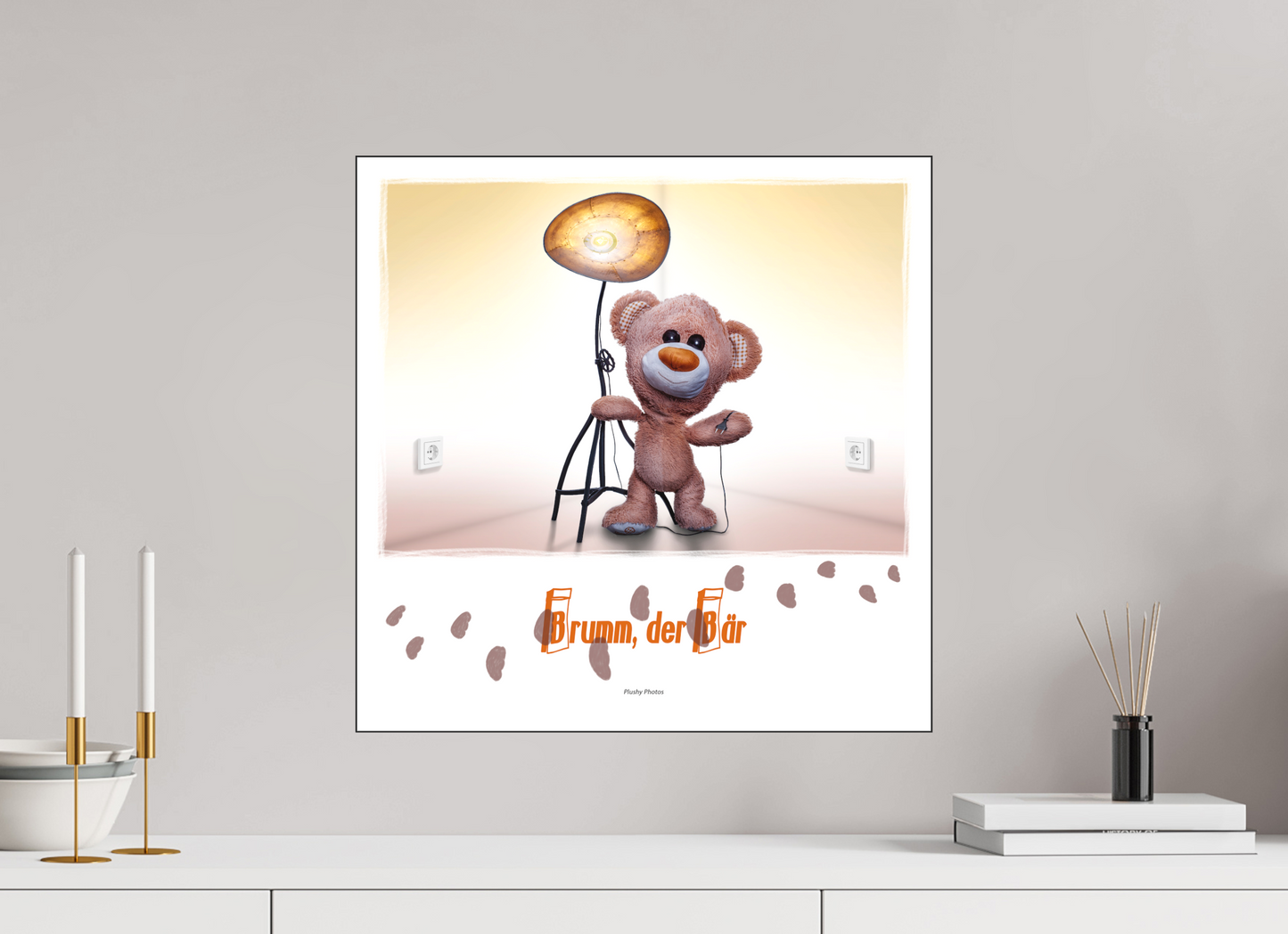 50 x 50 cm, Slimline-Einfassung schwarz Rahmen Wandbild Kuscheltiere Deko Kinderzimmer Teddybaer Brumm_q