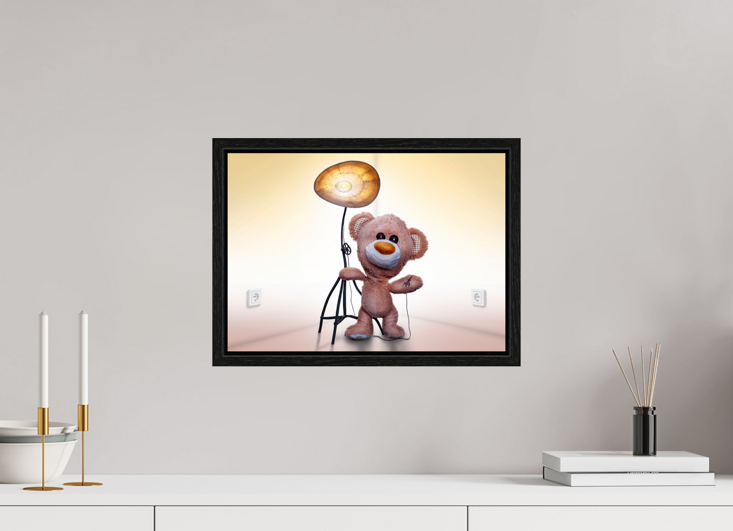 42 x 30 cm, Floater Frame Wandbild süßer brauner Teddybär Kuscheltier und die Wunderlampe Deko Kinderzimmer