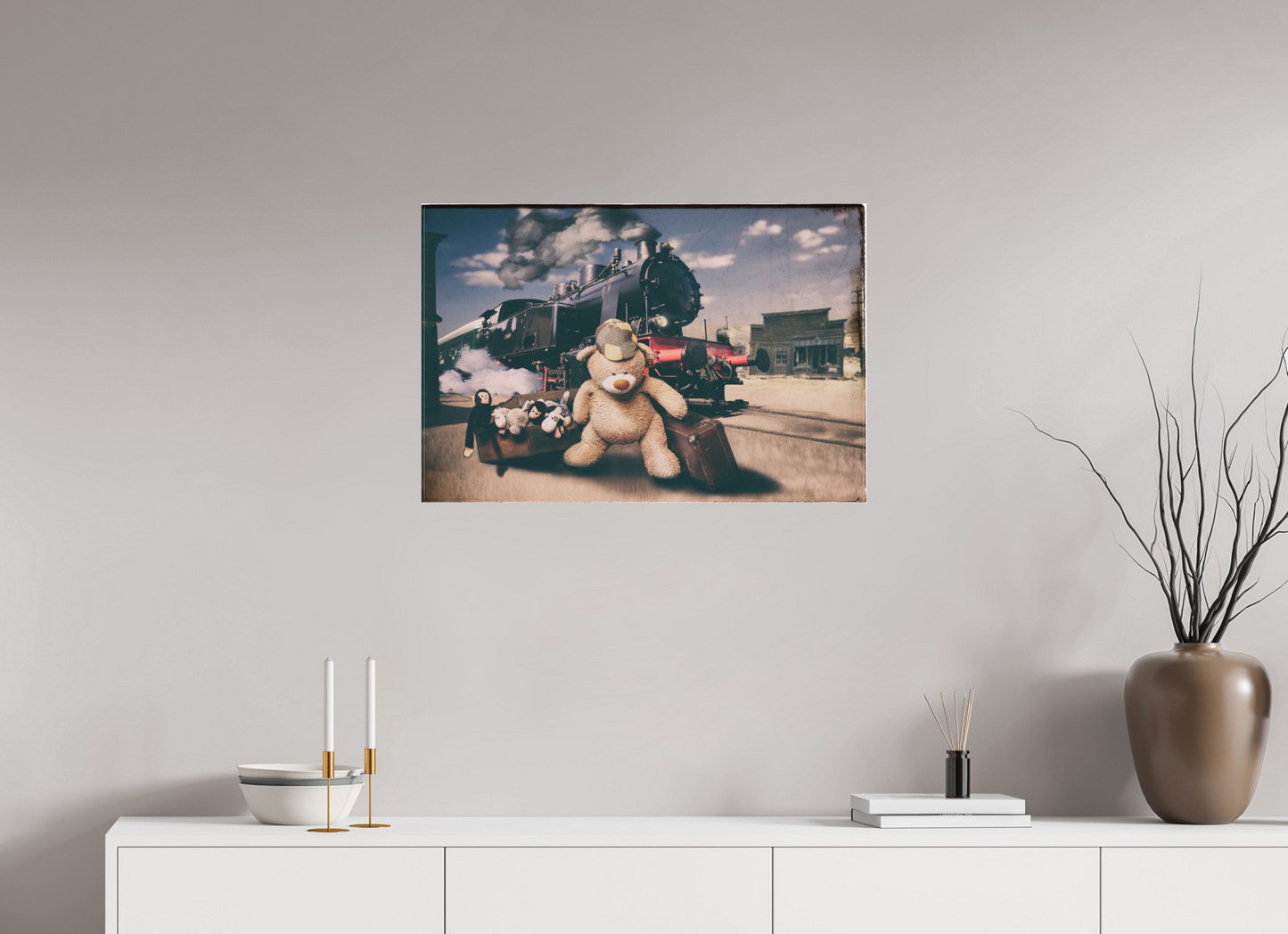 75 x 50 cm, Leinwand Textil 20mm Leinwand Wandbild Kuscheltiere Deko Kinderzimmer Teddybär auf Zeitreise