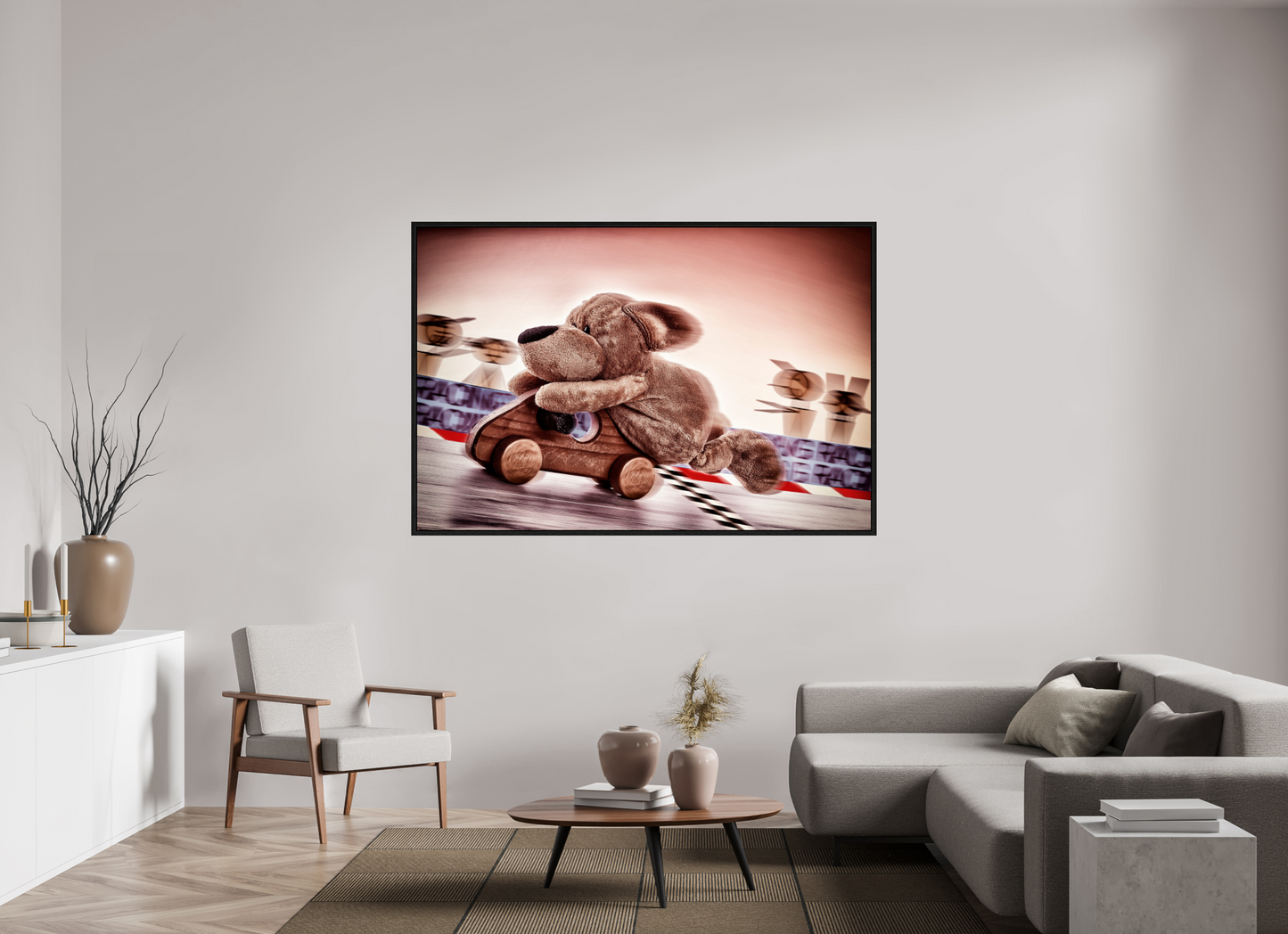 180 x 120 cm, Floater Frame Wandbild süßer brauner Hund Kuscheltier der Rennfahrer Deko Kinderzimmer