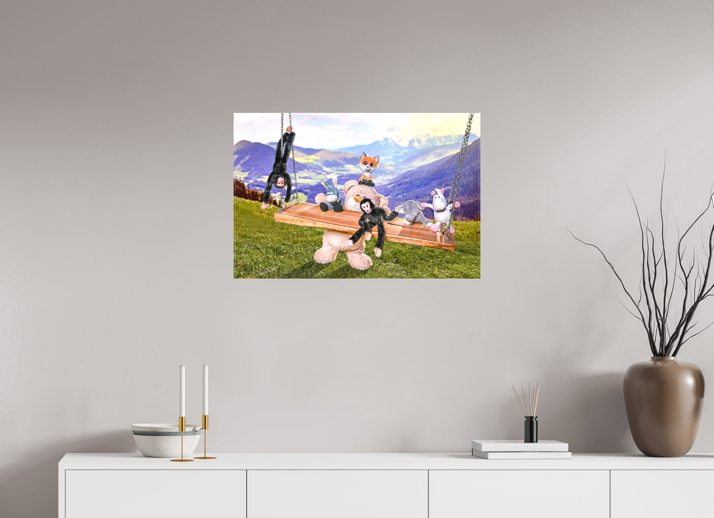 75 x 50 cm, Foto-Leinwand 20mm matt Leinwand Wandbild Kuscheltiere Deko Kinderzimmer Auf der Schaukel_6
