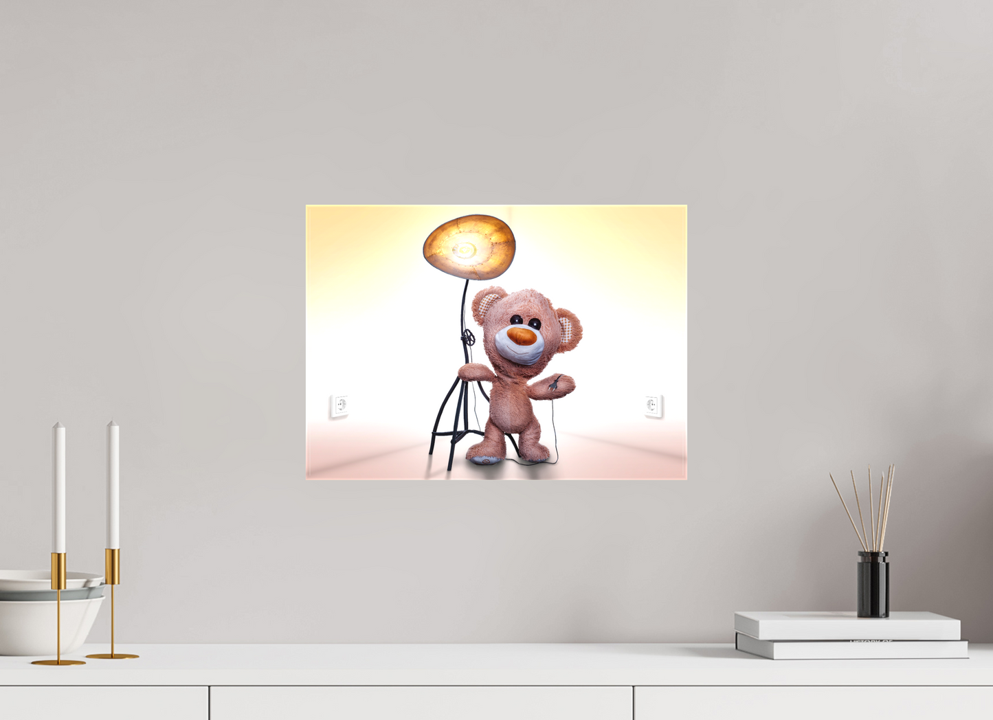 42 x 30 cm, Foto-Leinwand matt Wandbild süßer brauner Teddybär Kuscheltier und die Wunderlampe Deko Kinderzimmer