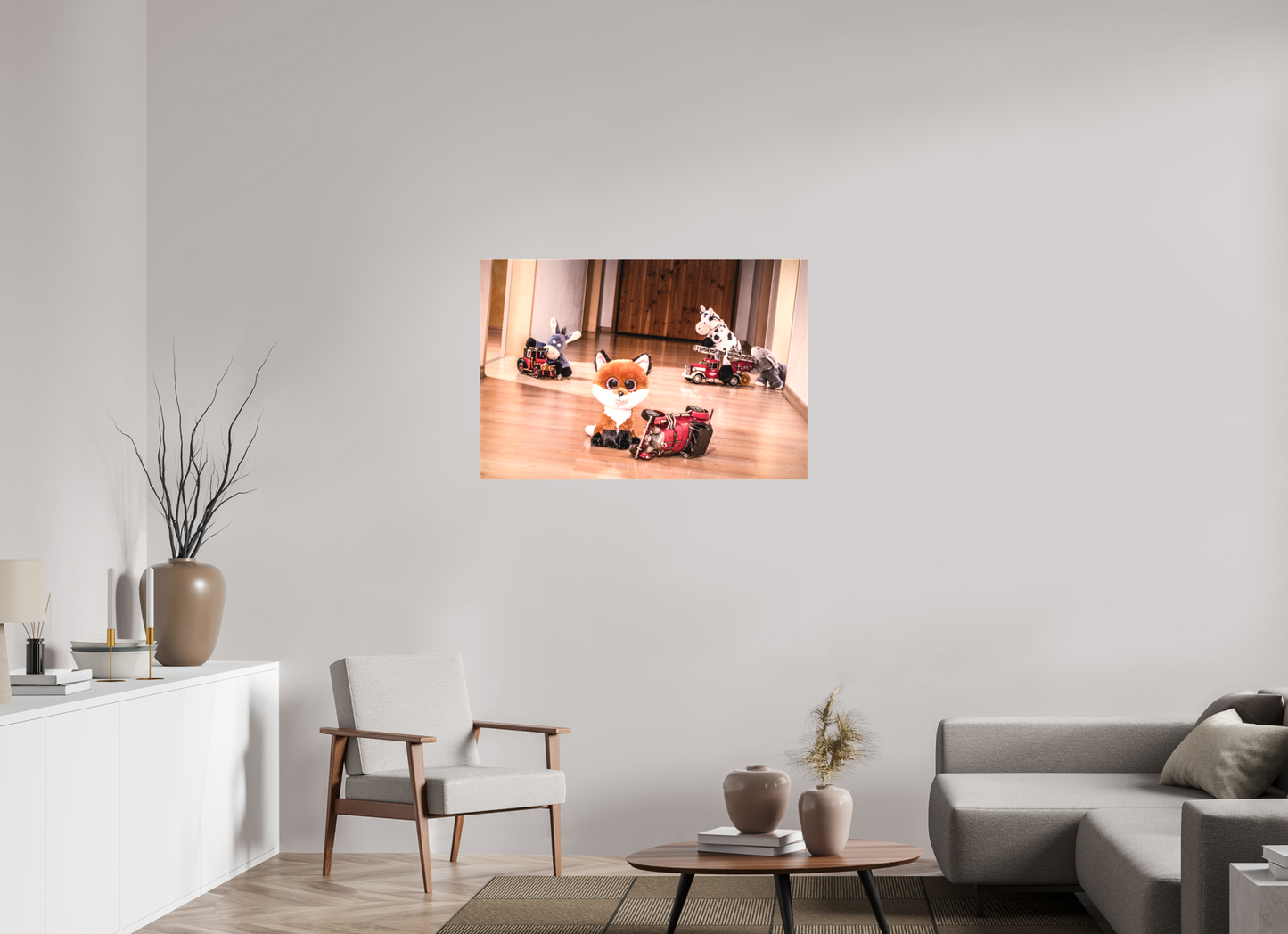 105 x 70 cm, Leinwand Textil 20mm Leinwand Wandbild Kuscheltiere Deko Kinderzimmer Fuchs Blechauto_6