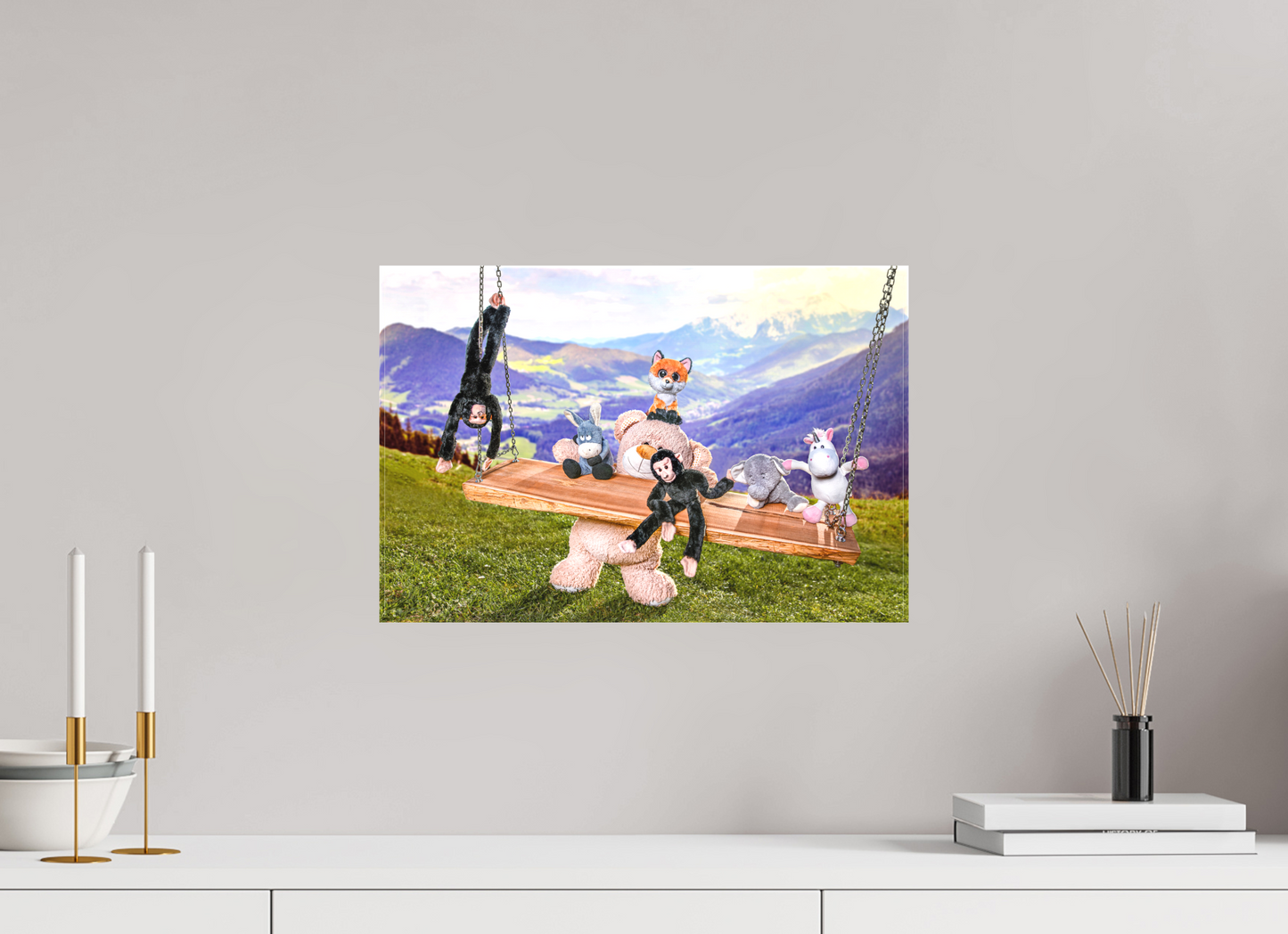 45 x 30 cm, Foto-Leinwand 20mm matt Leinwand Wandbild Kuscheltiere Deko Kinderzimmer Auf der Schaukel_6
