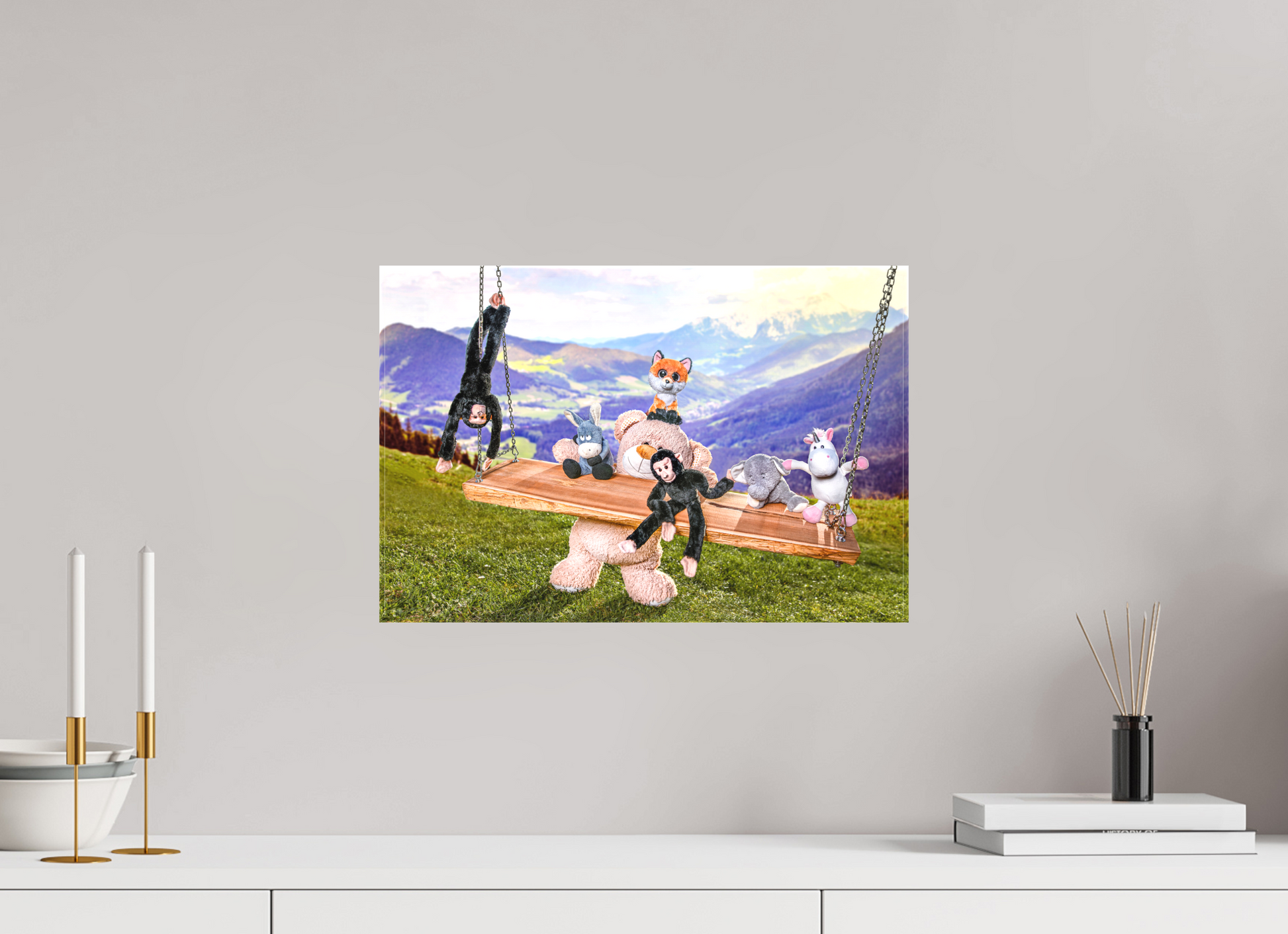 45 x 30 cm, Foto-Leinwand 20mm matt Leinwand Wandbild Kuscheltiere Deko Kinderzimmer Auf der Schaukel_6