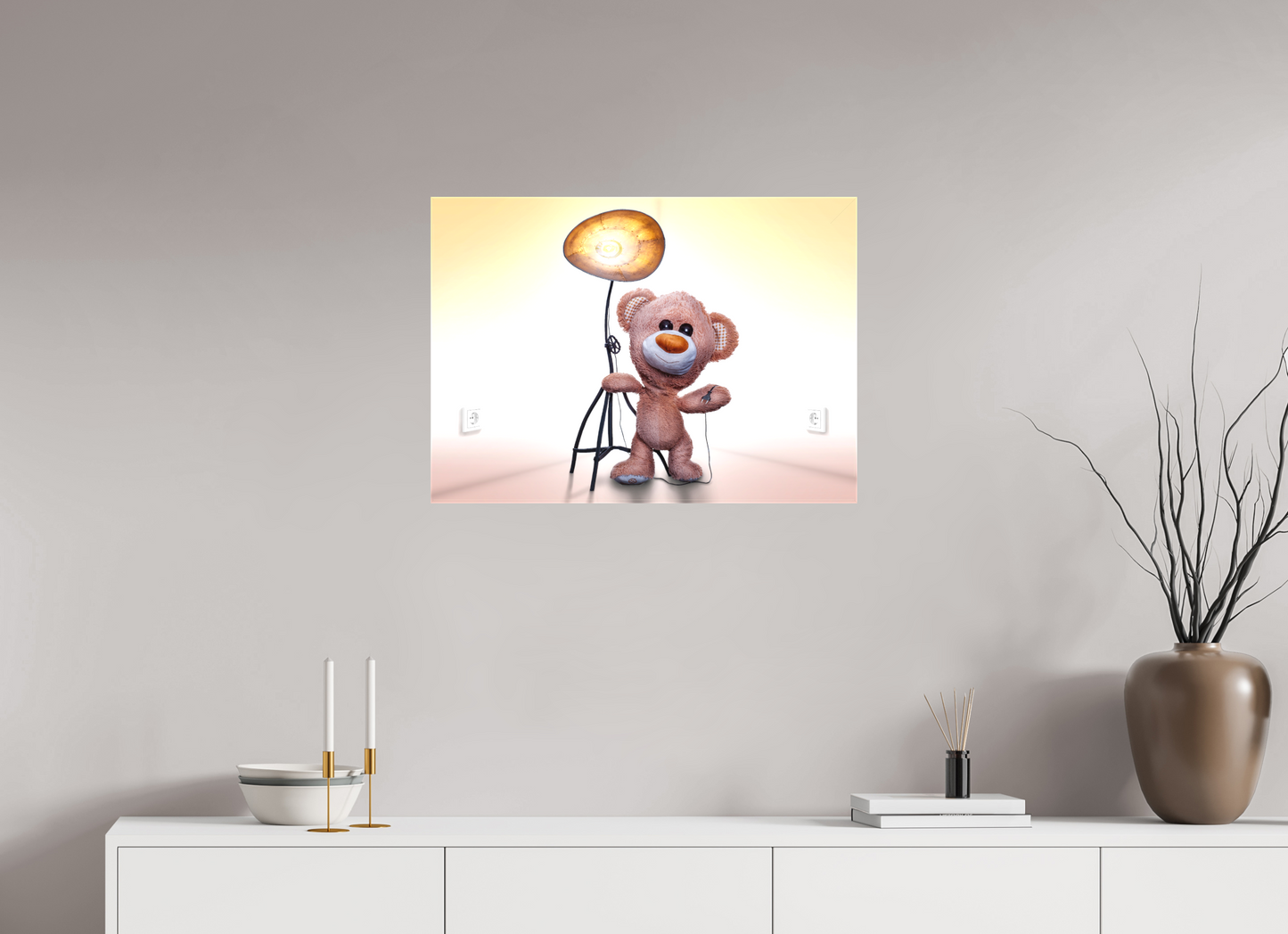 70 x 50 cm, Leinwand 60mm Leinwand Wandbild süßer brauner Teddybär Kuscheltier und die Wunderlampe Deko Kinderzimmer