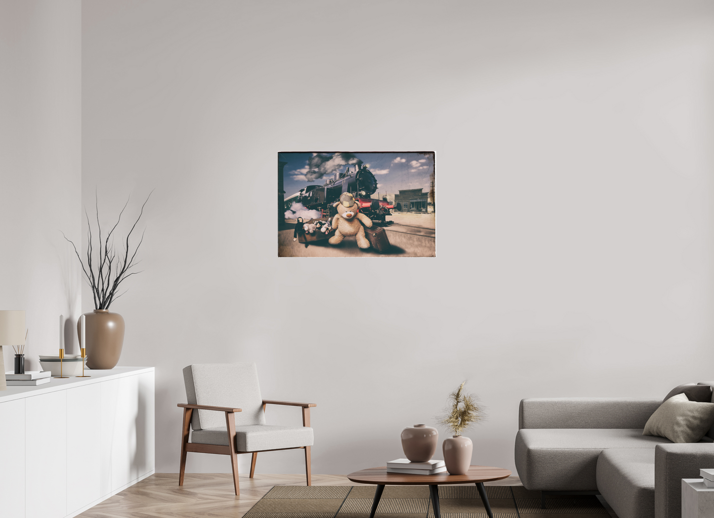 90 x 60 cm, Leinwand 60mm matt Leinwand Wandbild Kuscheltiere Deko Kinderzimmer Teddybär auf Zeitreise