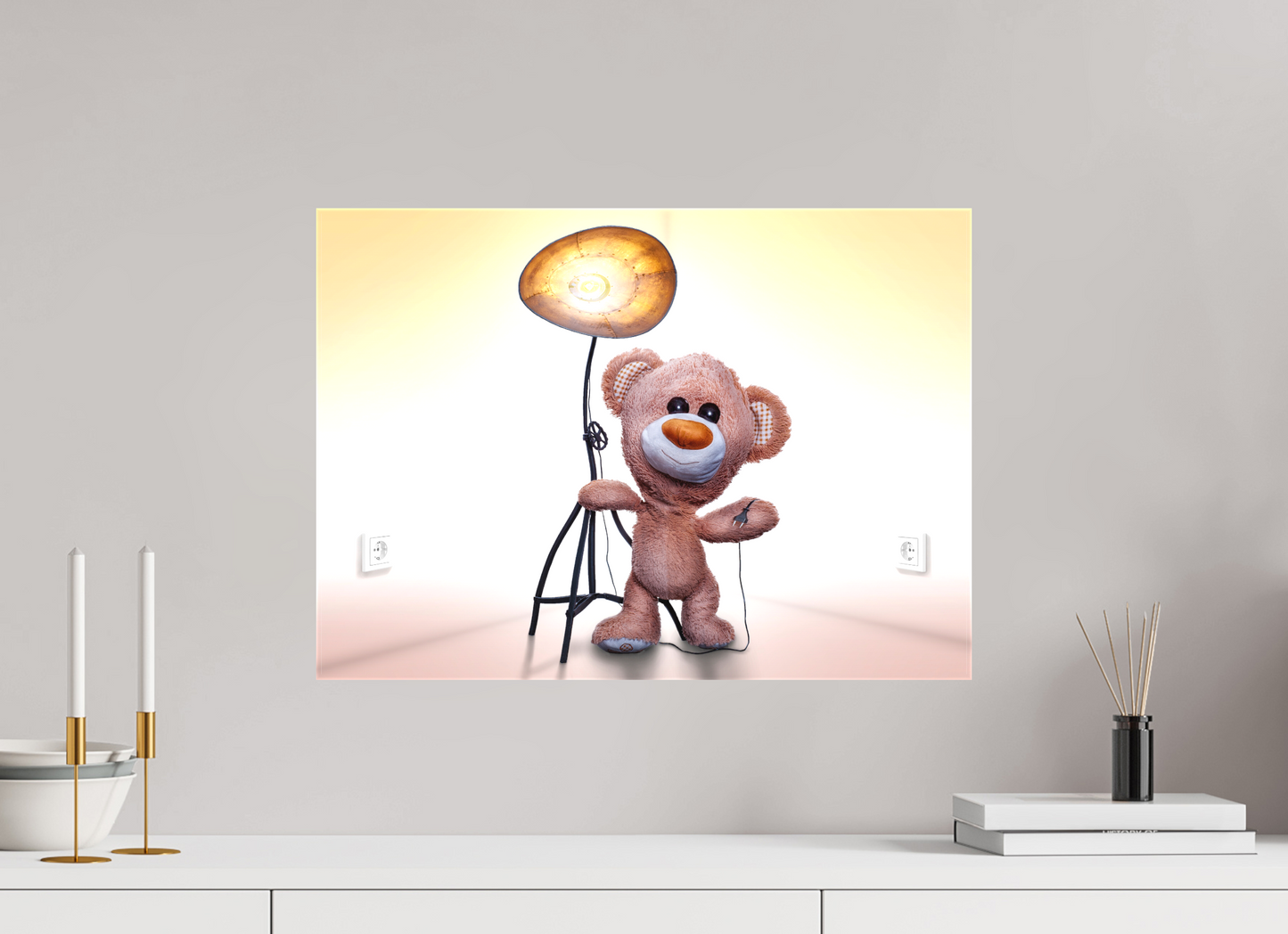 56 x 40 cm, Foto-Leinwand matt Wandbild süßer brauner Teddybär Kuscheltier und die Wunderlampe Deko Kinderzimmer
