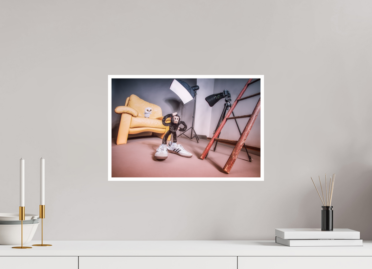 45 x 30 cm, Acrylglas 2mm Rand Acrylglas Wandbild Affe und Eule Kuscheltiere im Fotostudio Deko Kinderzimmer