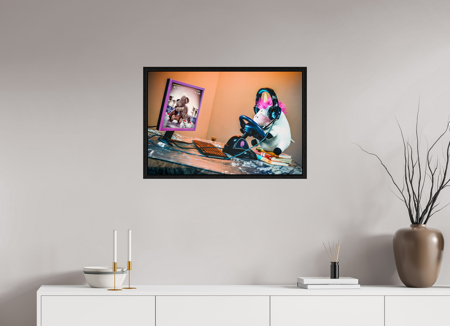 75 x 50 cm, Floater Frame Wandbild süsses Einhorn Kuscheltier auf dem Bücherstapel Deko Kinderzimmer