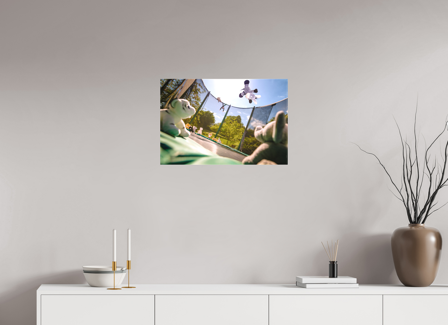 60 x 40 cm, Leinwand 60mm Leinwand Wandbild Esel Kuscheltiere auf dem Trampolin Deko Kinderzimmer