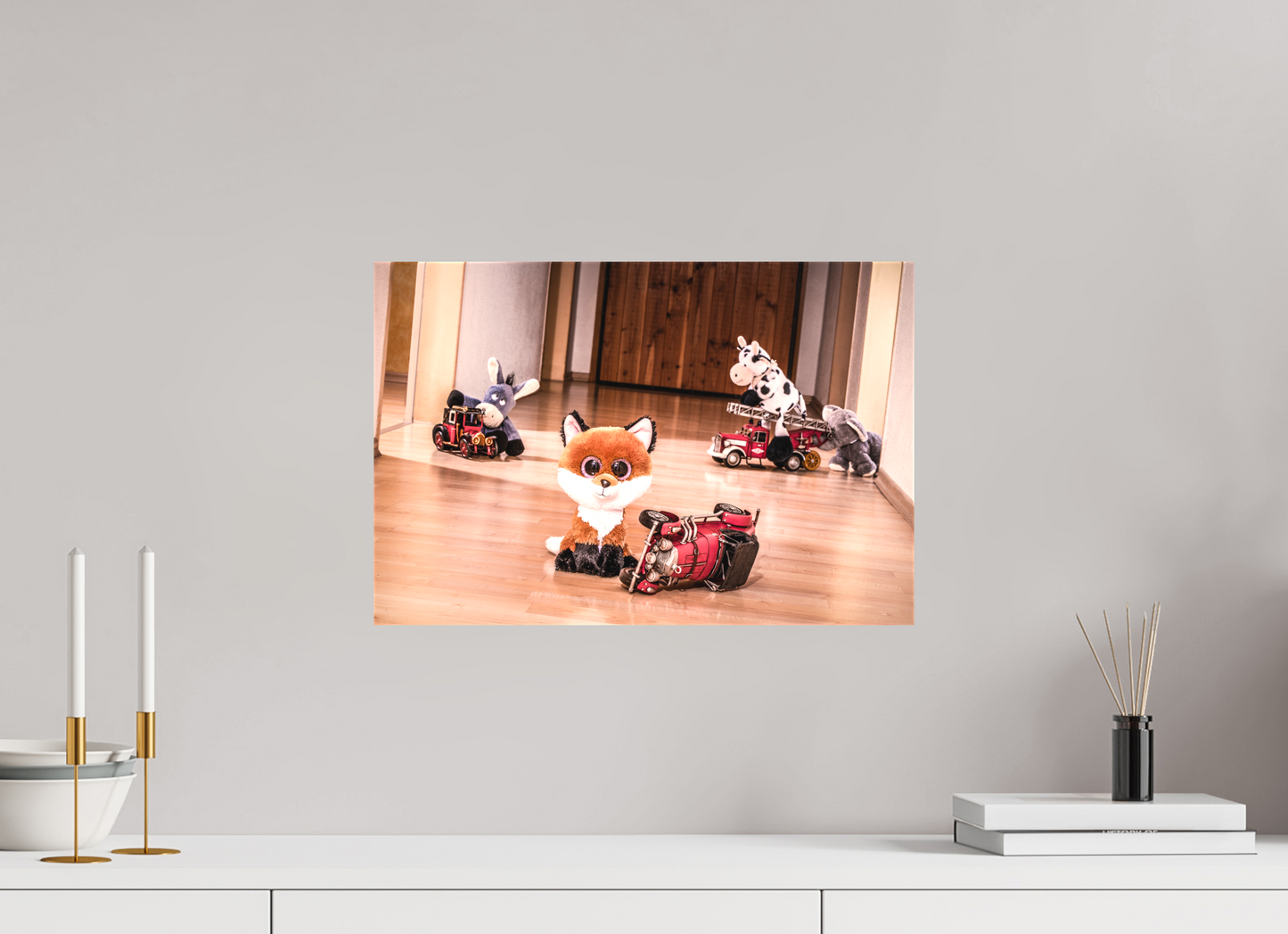 45 x 30 cm, Leinwand 40mm Leinwand Wandbild süsser Fuchs Kuscheltier spielt mit Blechauto Deko Kinderzimmer