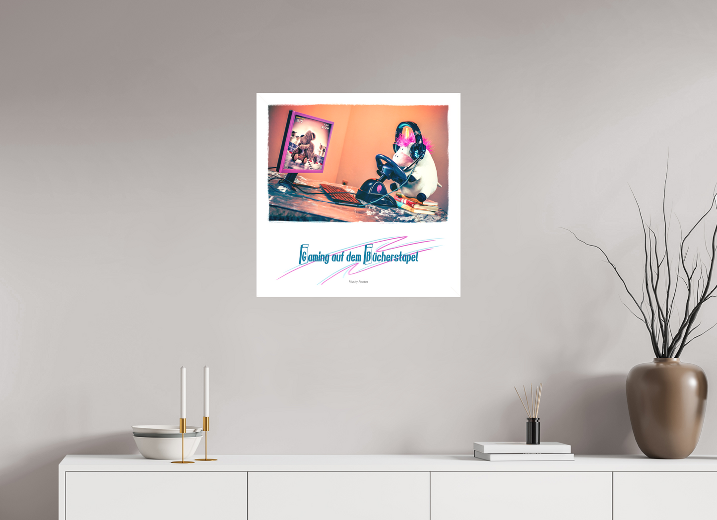 60 x 60 cm, Leinwand 60mm Leinwand Wandbild süsses Einhorn Kuscheltier auf dem Bücherstapel Deko Kinderzimmer