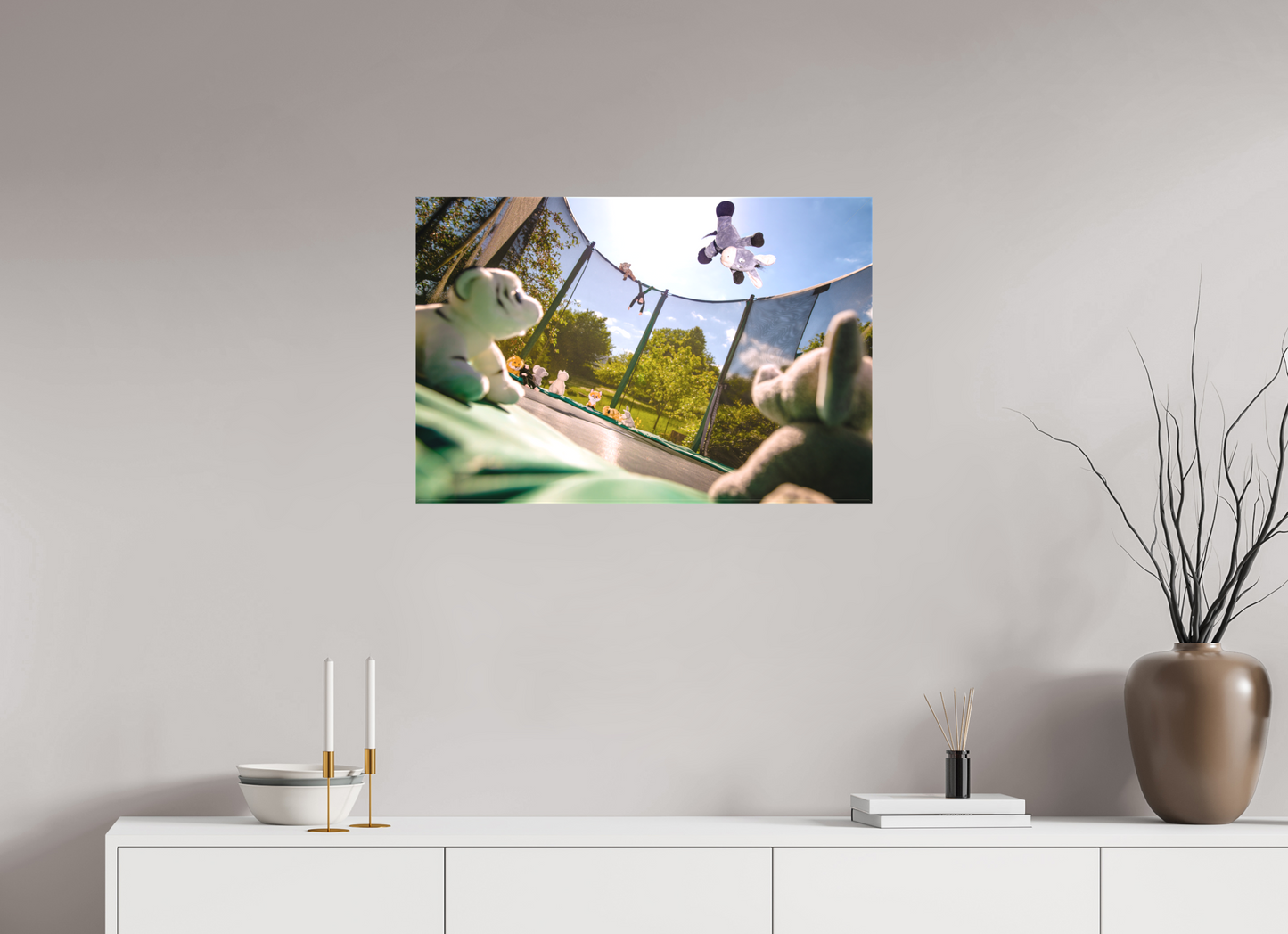 75 x 50 cm, Leinwand 60mm Leinwand Wandbild Esel Kuscheltiere auf dem Trampolin Deko Kinderzimmer