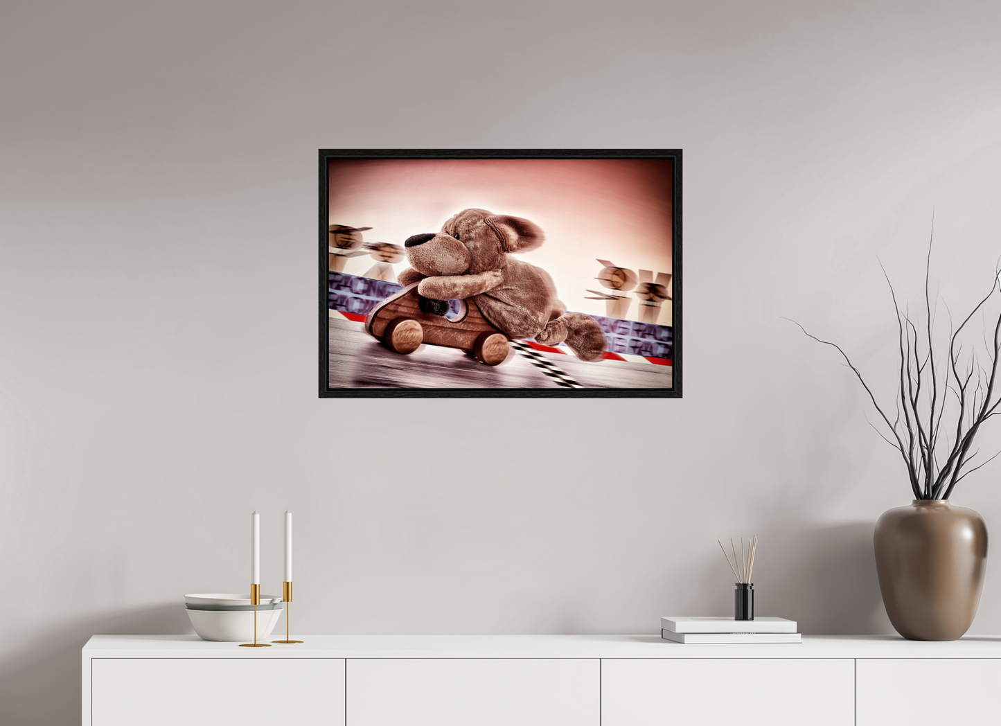 75 x 50 cm, Floater Frame Wandbild süßer brauner Hund Kuscheltier der Rennfahrer Deko Kinderzimmer