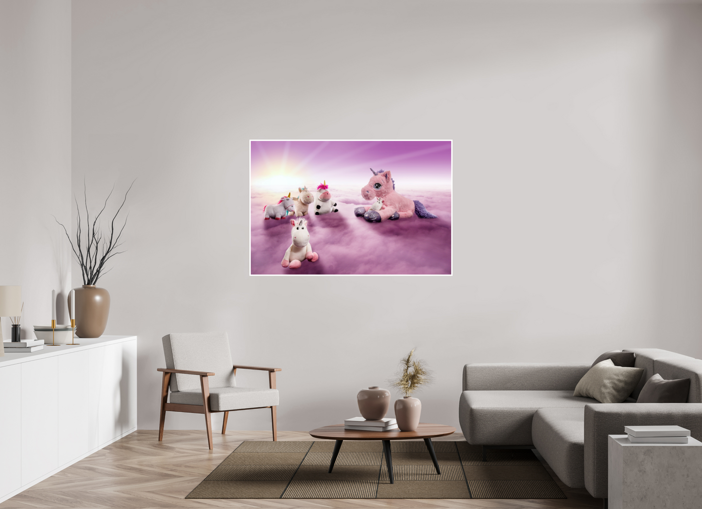 150 x 100 cm, Acrylglas 2mm Rand Acrylglas Wandbild weiße Einhörner Kuscheltiere auf den Wolken Deko Kinderzimmer