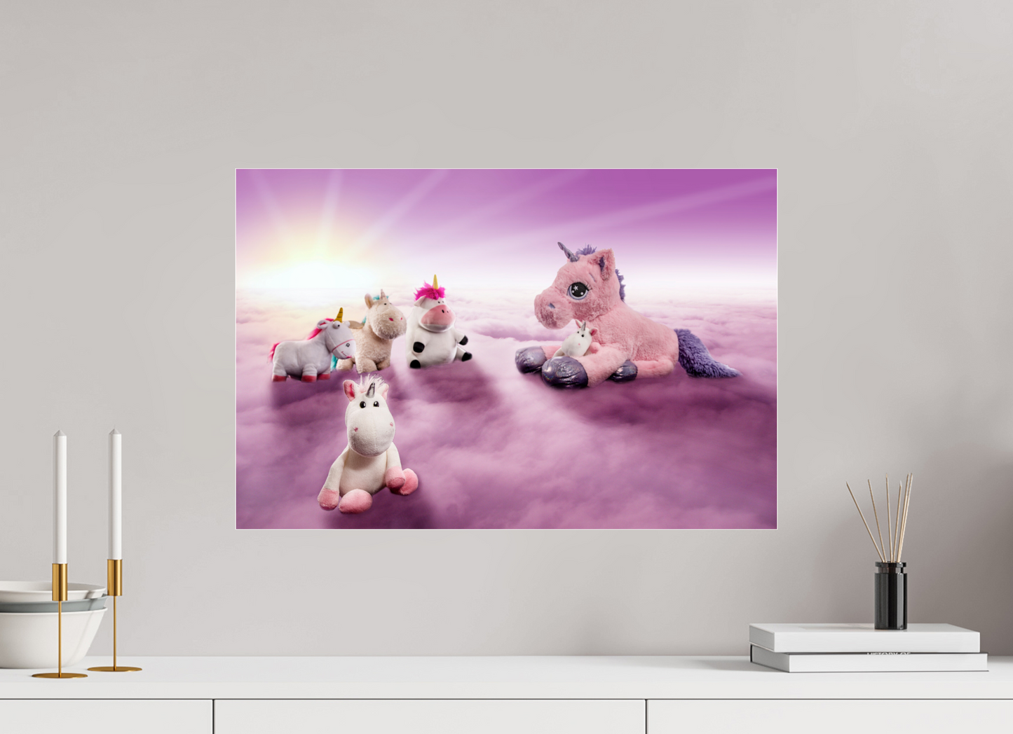 60 x 40 cm, Photo Print Under Acrylic Glass Das Treffen der Einhörner auf den Wolken