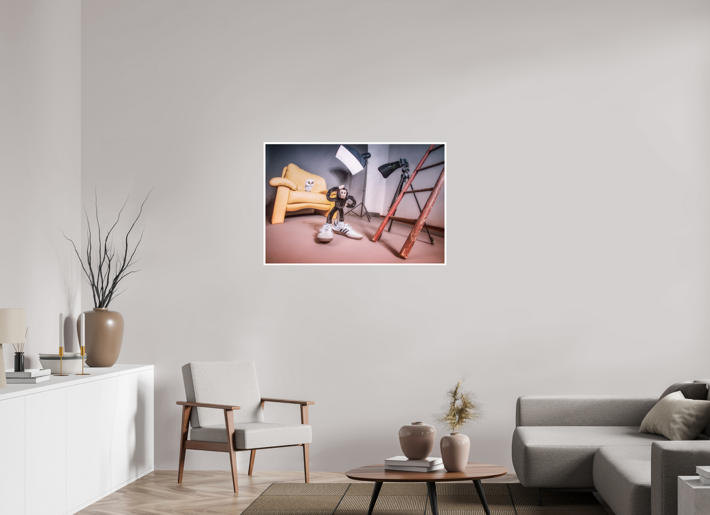 105 x 70 cm, Acrylglas 6mm Rand Acrylglas Wandbild Affe und Eule Kuscheltiere im Fotostudio Deko Kinderzimmer